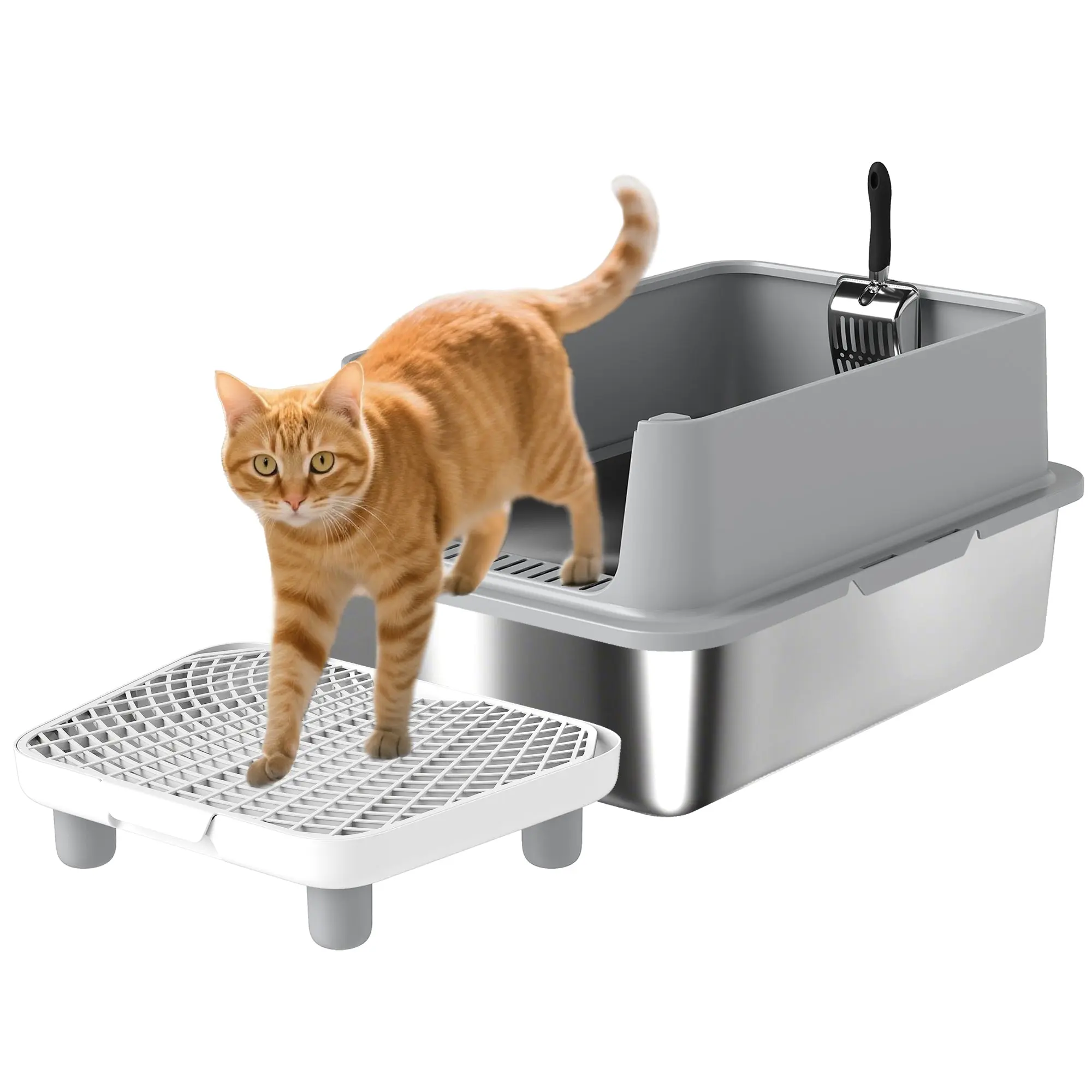 XL Stainless Steel Cat Litter Box — High-Sided Toilet House for Large Cats, Anti-Scatter Pedal & Mat, Stainless Steel Scoop, Easy Clean, 60.2×40.2×29.6 cm (23.7×15.8×11.7 in), Gray