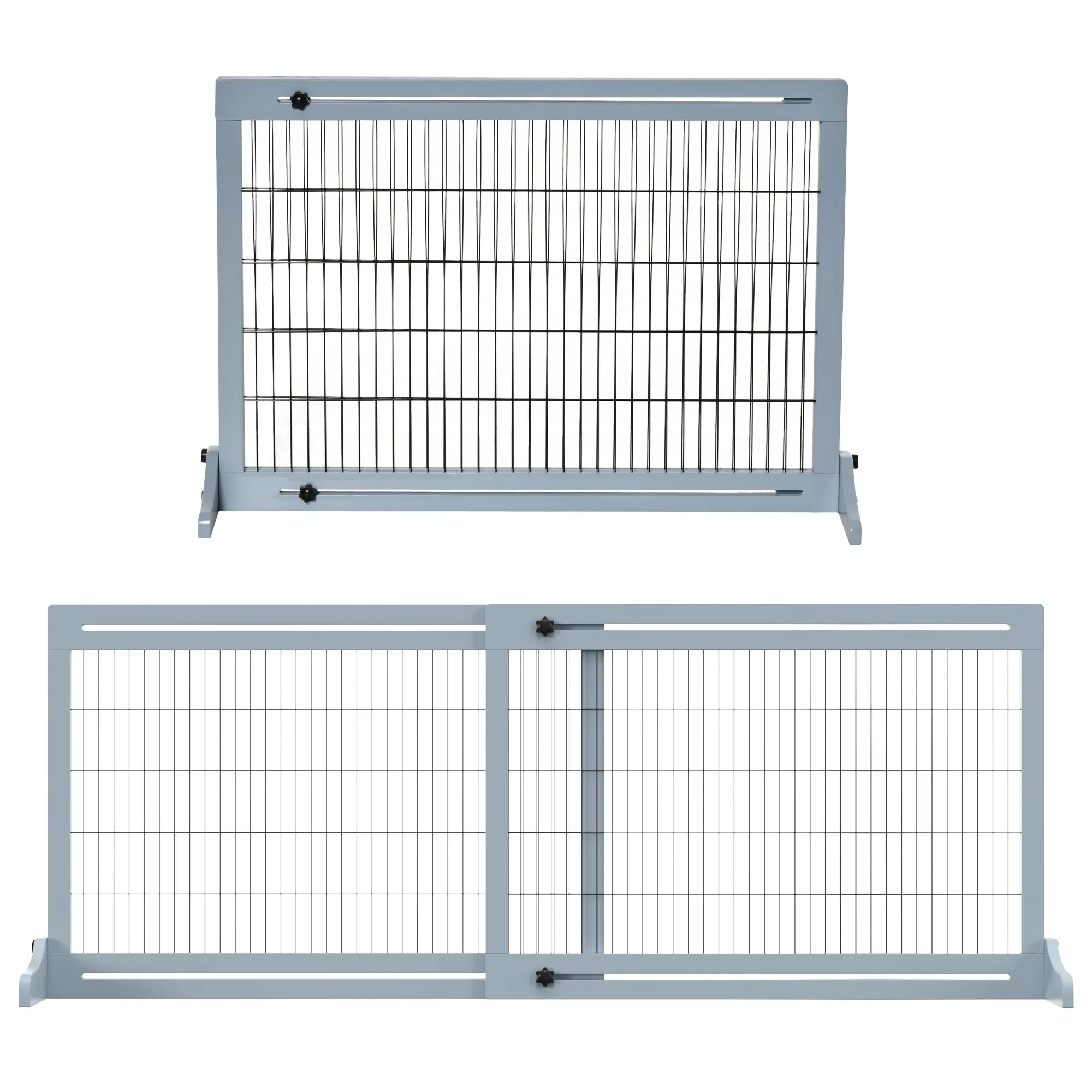 Wooden Dog Barrier, Extendable Door Safety Gate with Foot Support, Freestanding Dog Gate, Stair Gate, Dog Barrier for Fireplace, Oven, Gray Blue, 104-183 x 36 x 69 cm