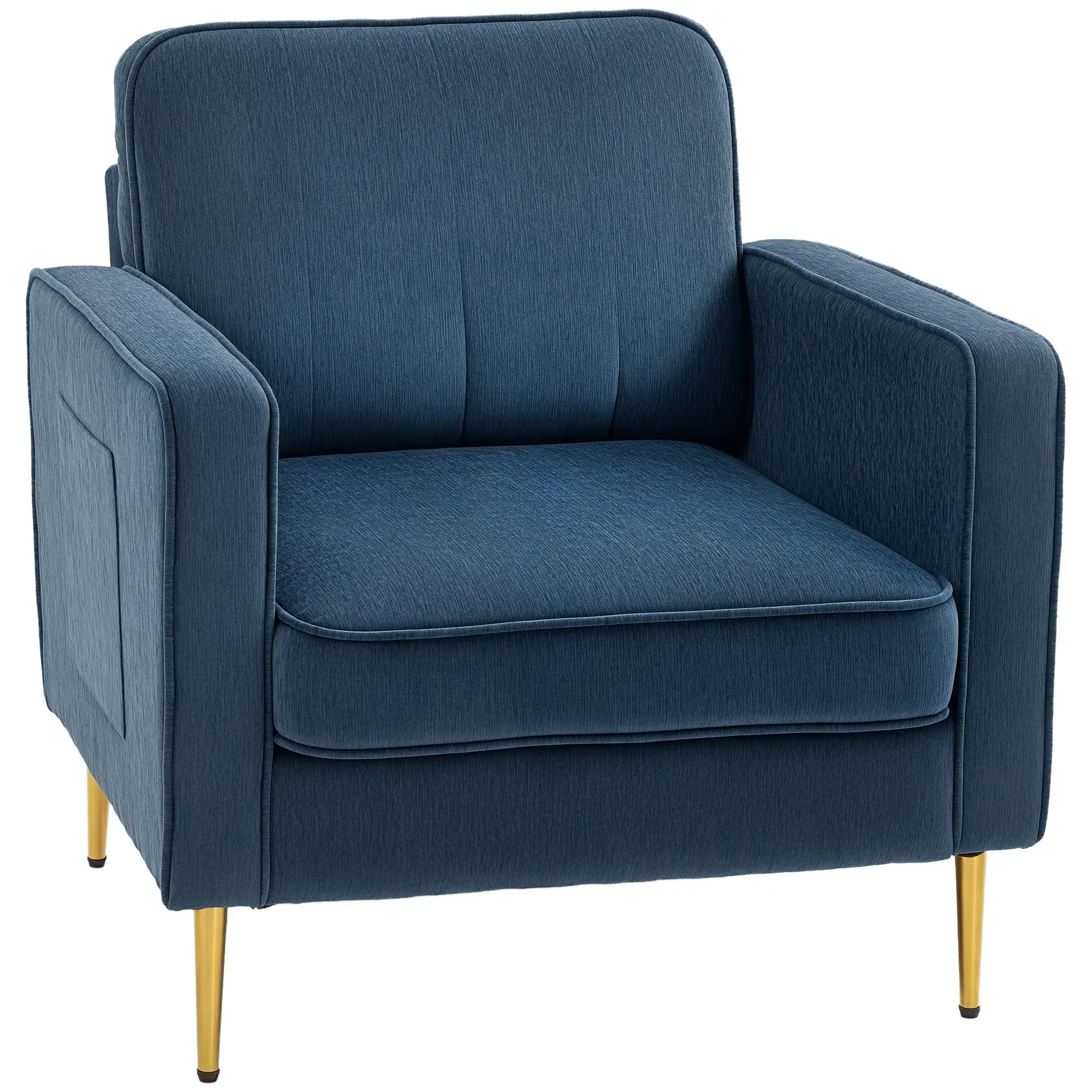 Lounge Chair with Gold Steel Legs, Comfortable 1 Seater Sofa, Side Pockets, for Living Room, Office, Bedroom, Blue