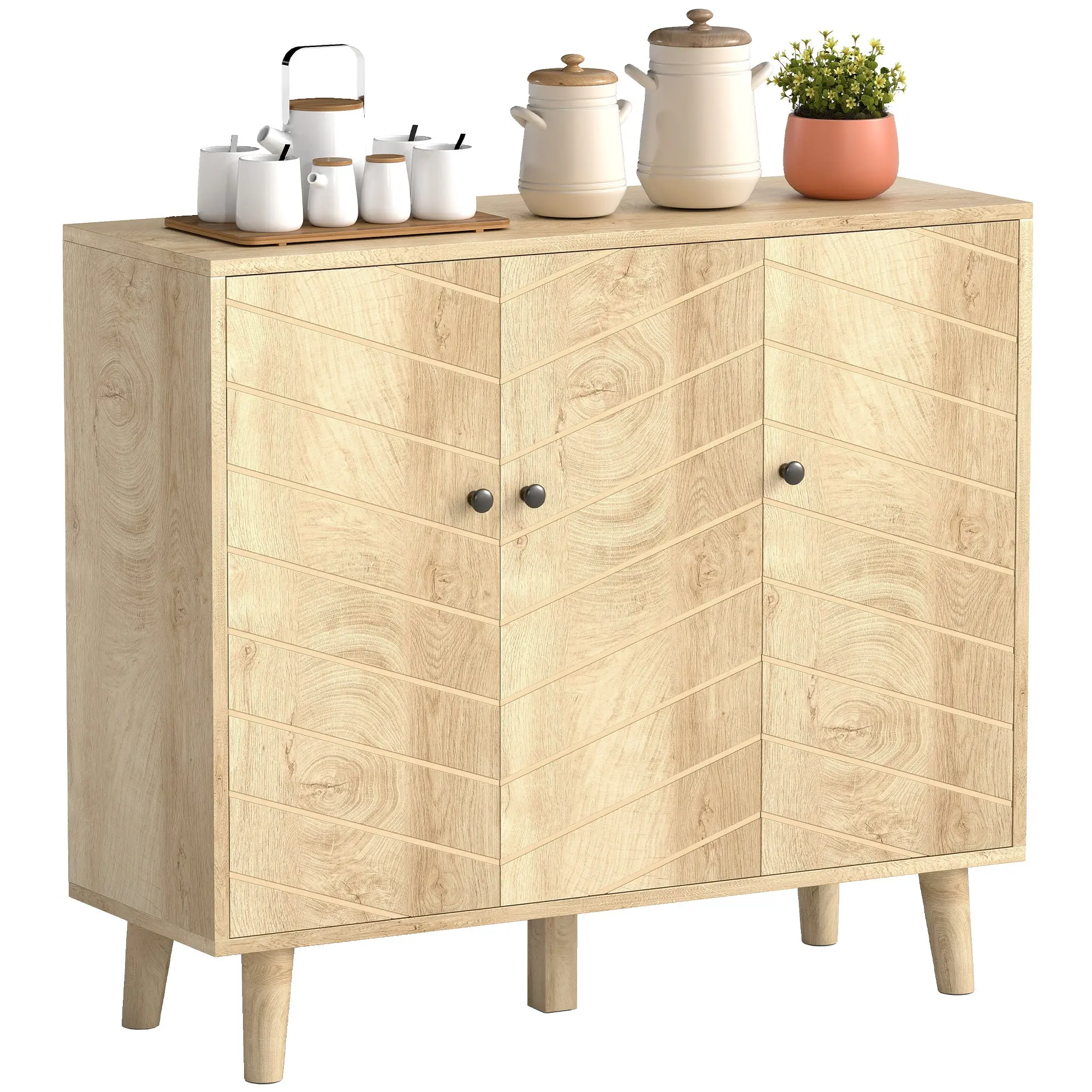 3-Door Chevron Sideboard with Pine Legs, Modern Natural Wood Storage Cabinet, 34.8 x 11.8 x 29.9 in