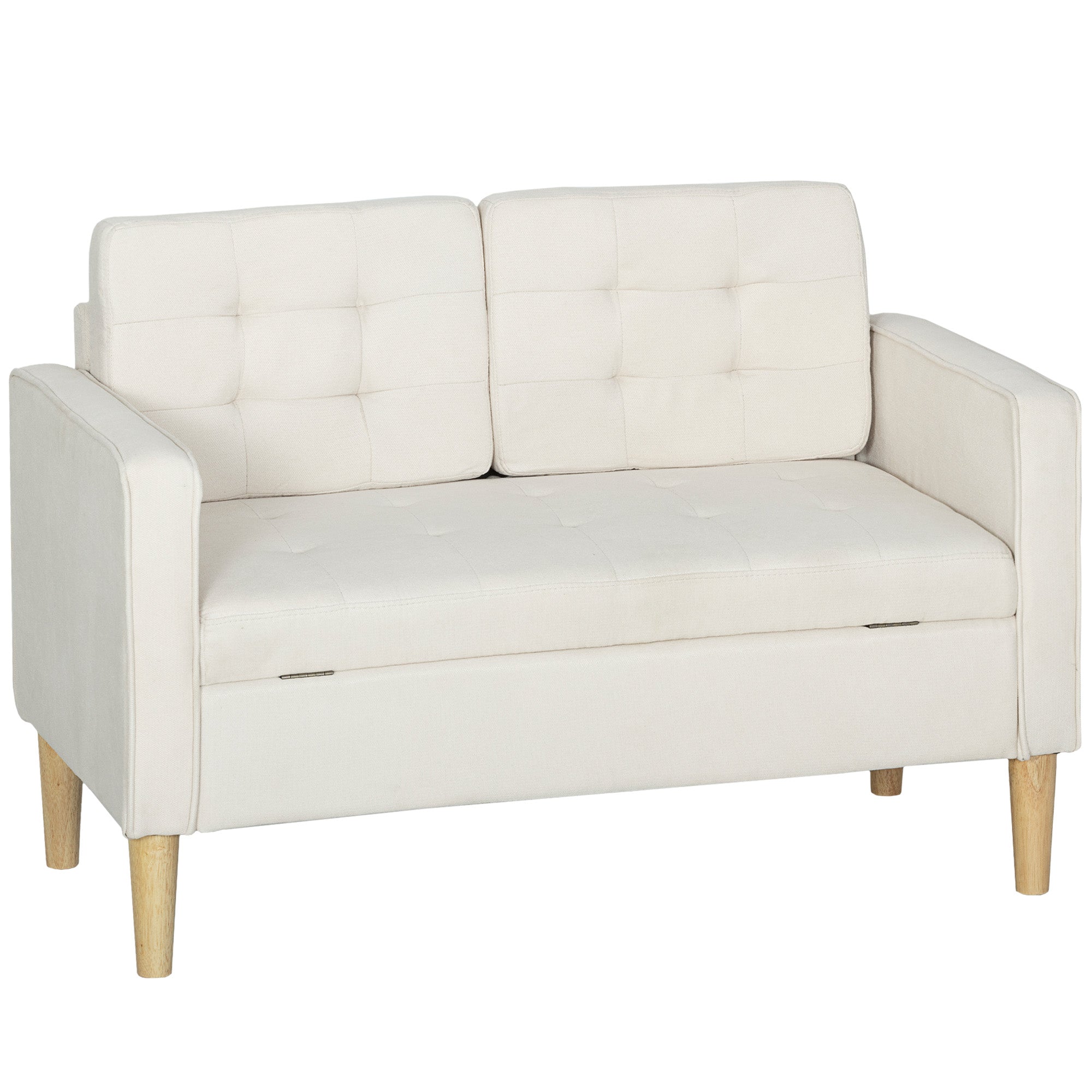 HOMCOM 2-vietė laikymo sofa su aksomo imitacijos apmušalu ir gumamedžio kojelėmis, sagomis dygsniuotas atlošas — 117 x 62 x 78 cm, kremas