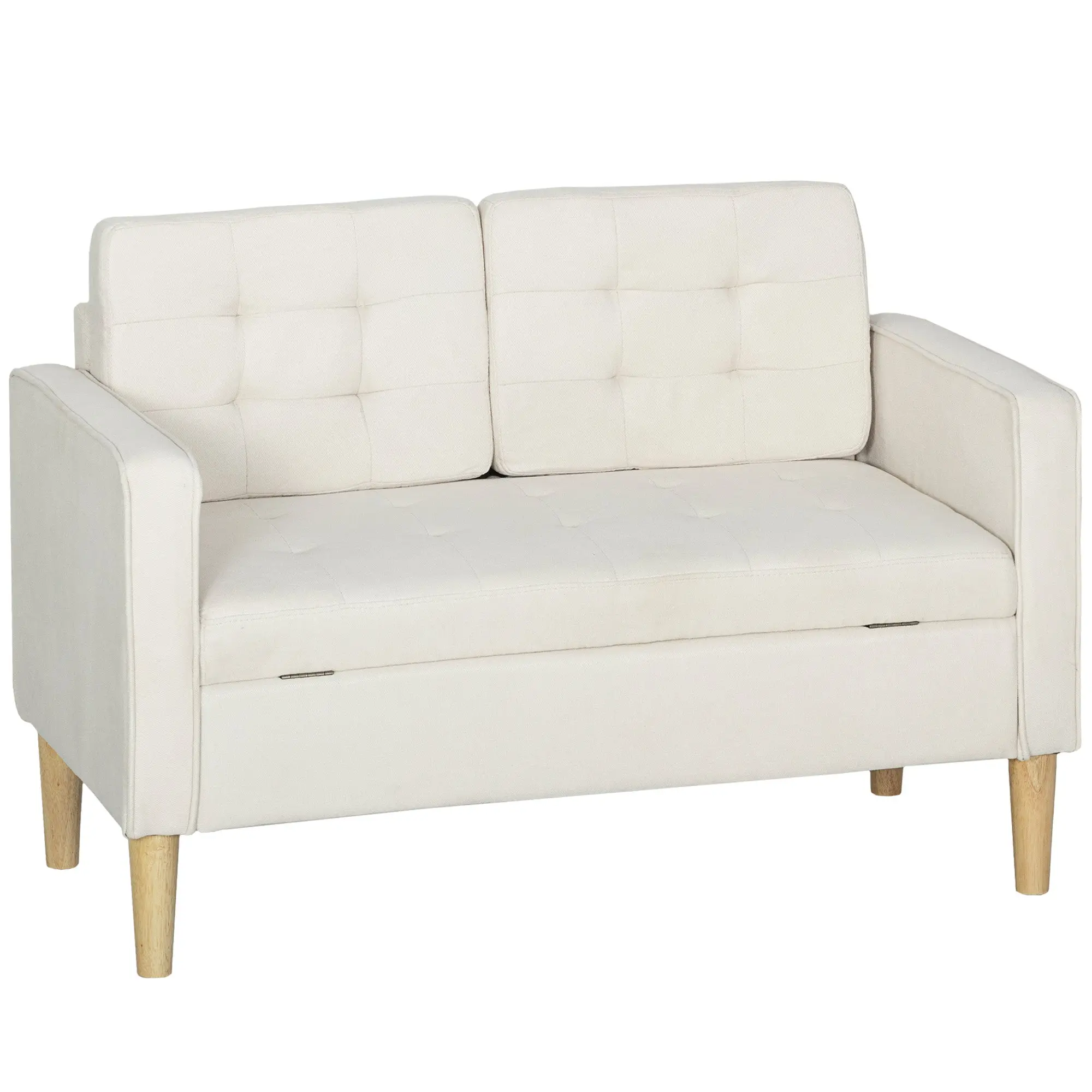 2-Seater Storage Sofa, Velvet-Effect Upholstery with Rubberwood Legs, Button-Tufted Back — 46.1 x 24.4 x 30.7 in, Cream