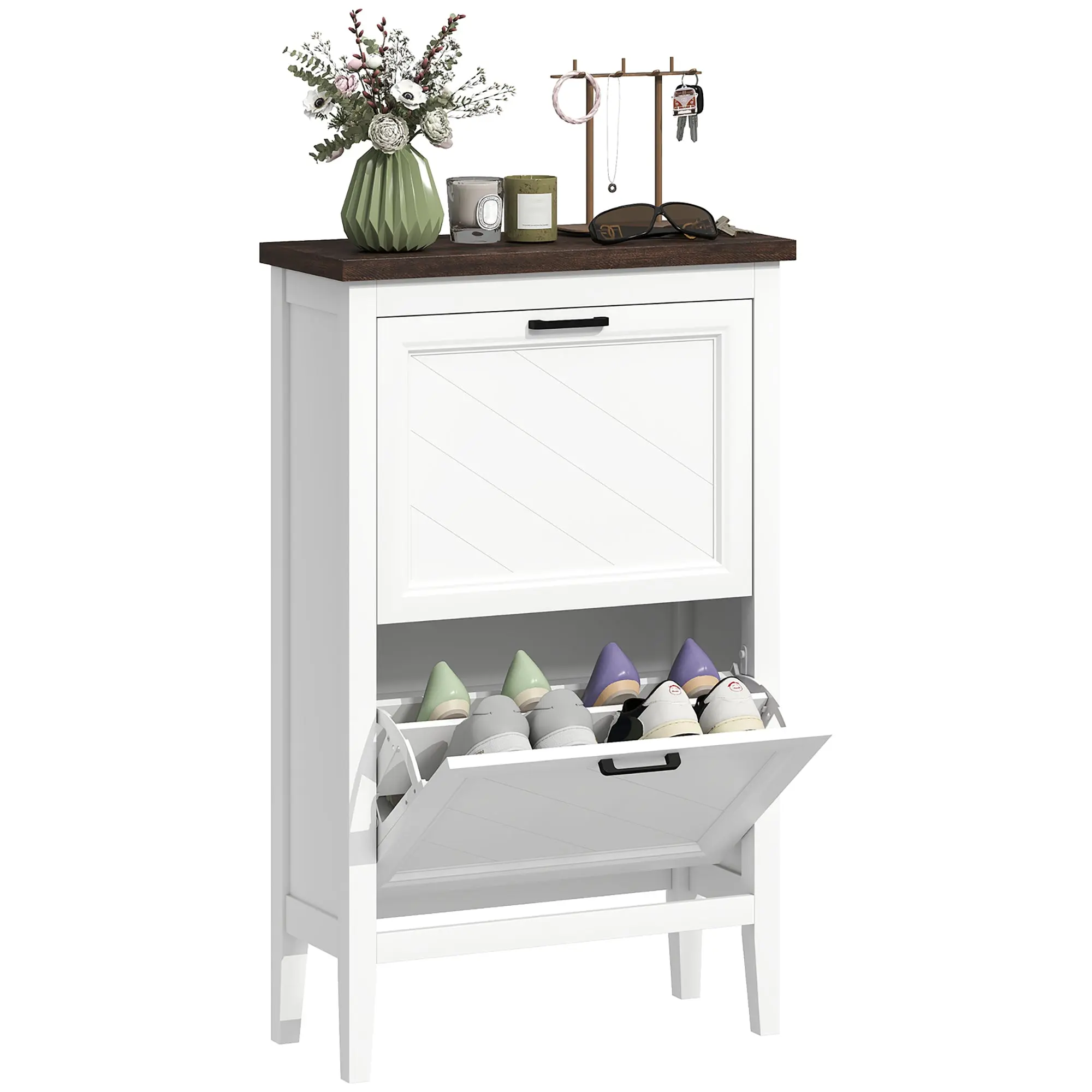 Slim Tilt-Out Shoe Cabinet with 2 Flip Drawers, Adjustable Shelves, Rustic Farmhouse, Fits 8–12 Pairs, White