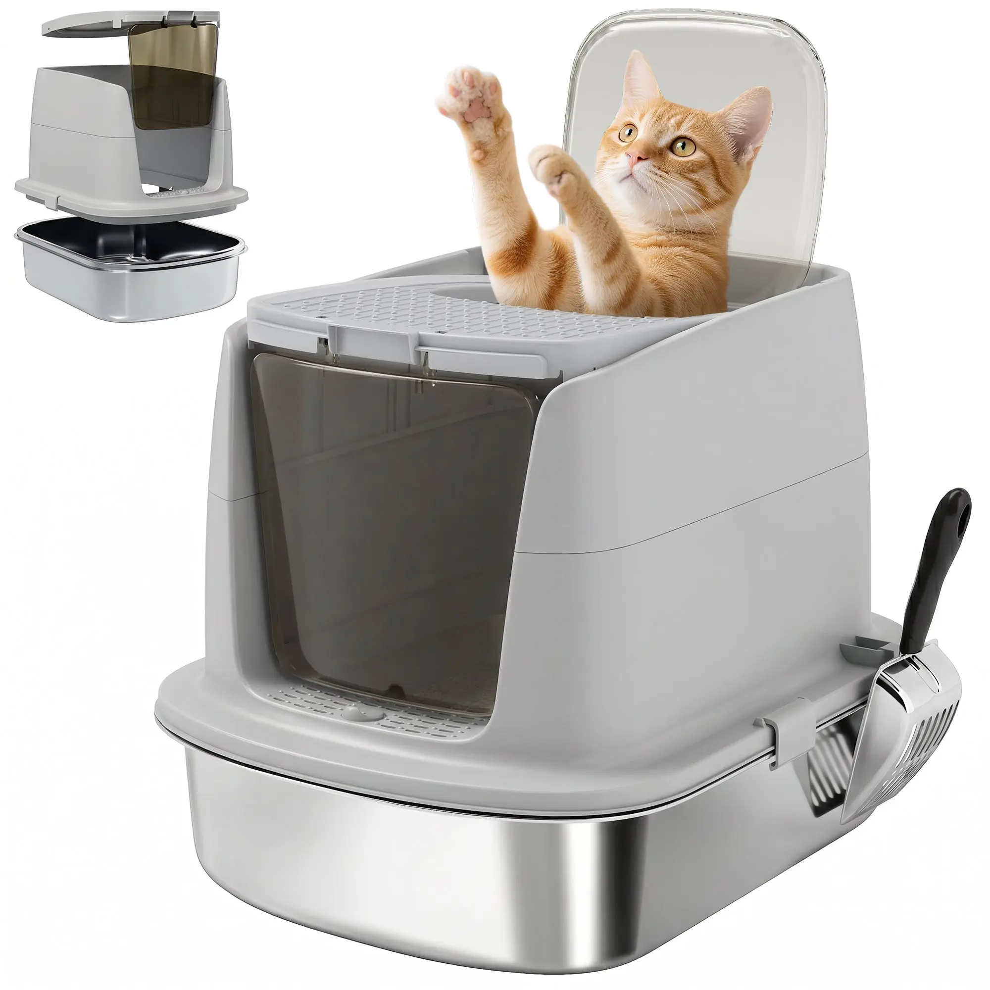 Stainless Steel Cat Litter Box, Covered Cat Toilet with Flip-Top Lid, Dual Entry, Odor Control, Metal Tray, Scoop Included, Light Gray