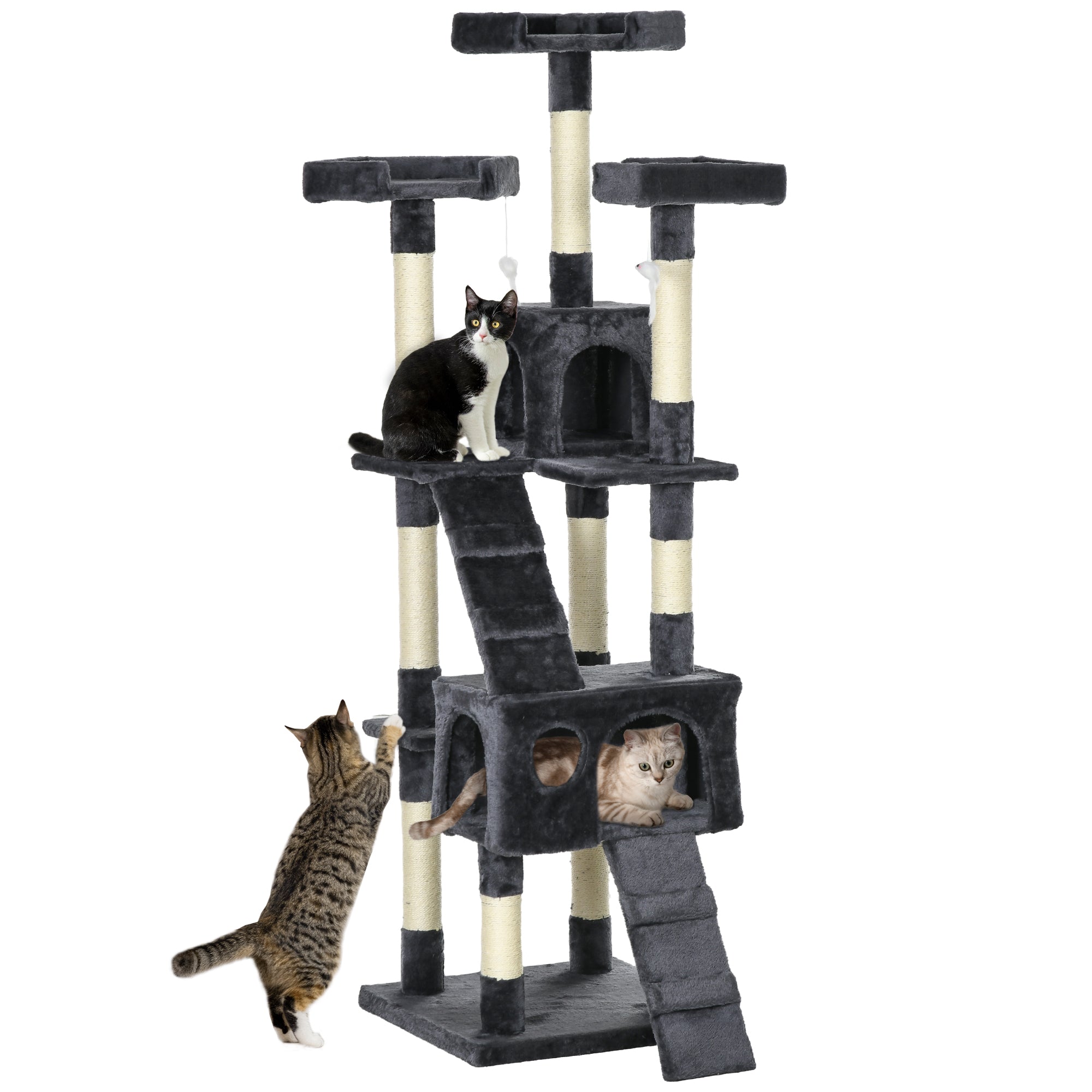 PawHut Katzenkratzbaum Groß 49,0x49,0x173,0 cm mit mehreren Ebenen, Höhlen, Treppen, hängenden Spielzeugen, Betten, Aktivitätszentrum, Sisal
