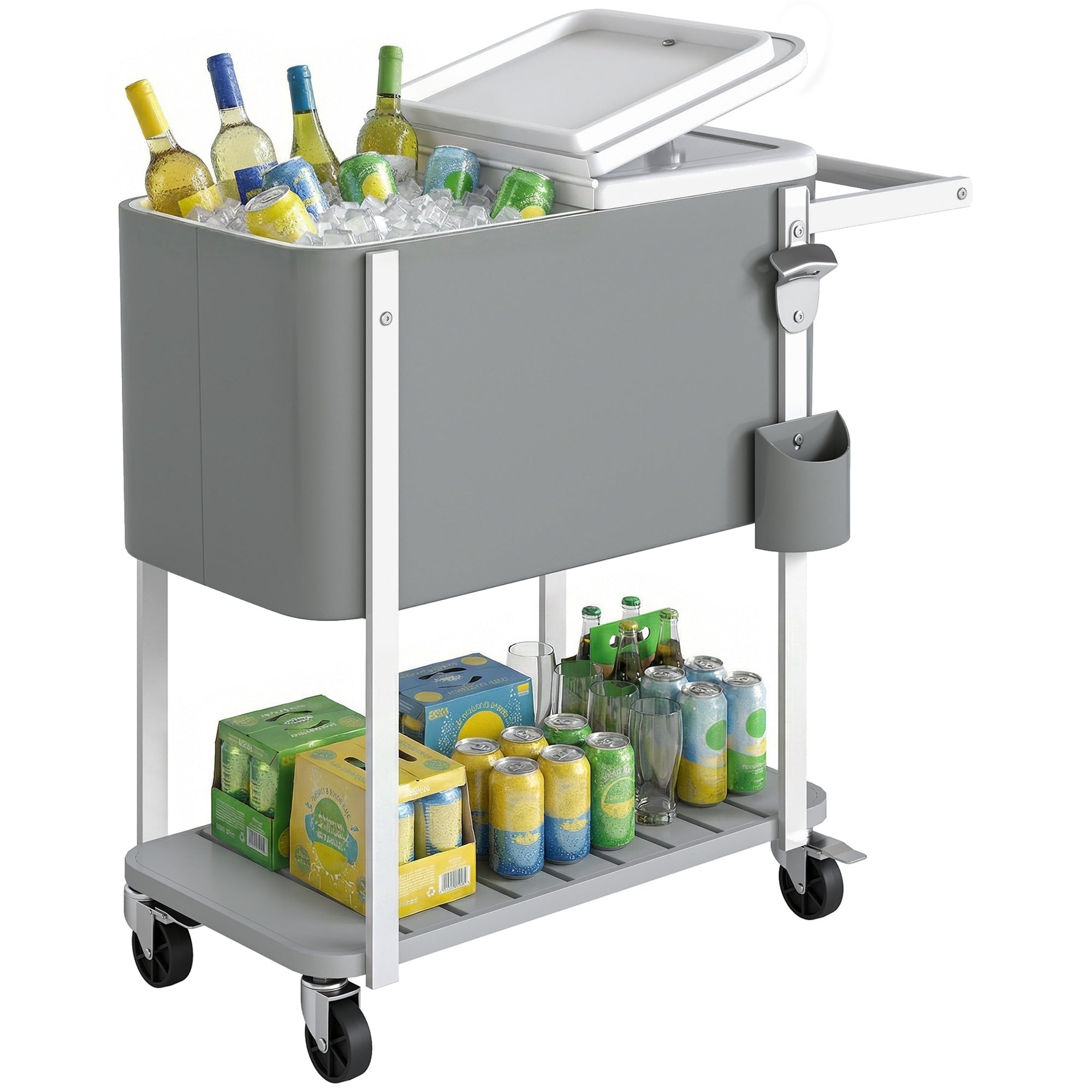Outsunny chladicí vozík 56 l na kolečkách s policí, otvíráčem a vypouštěním — venkovní párty chladnička, 84 × 38 × 83 cm, šedá