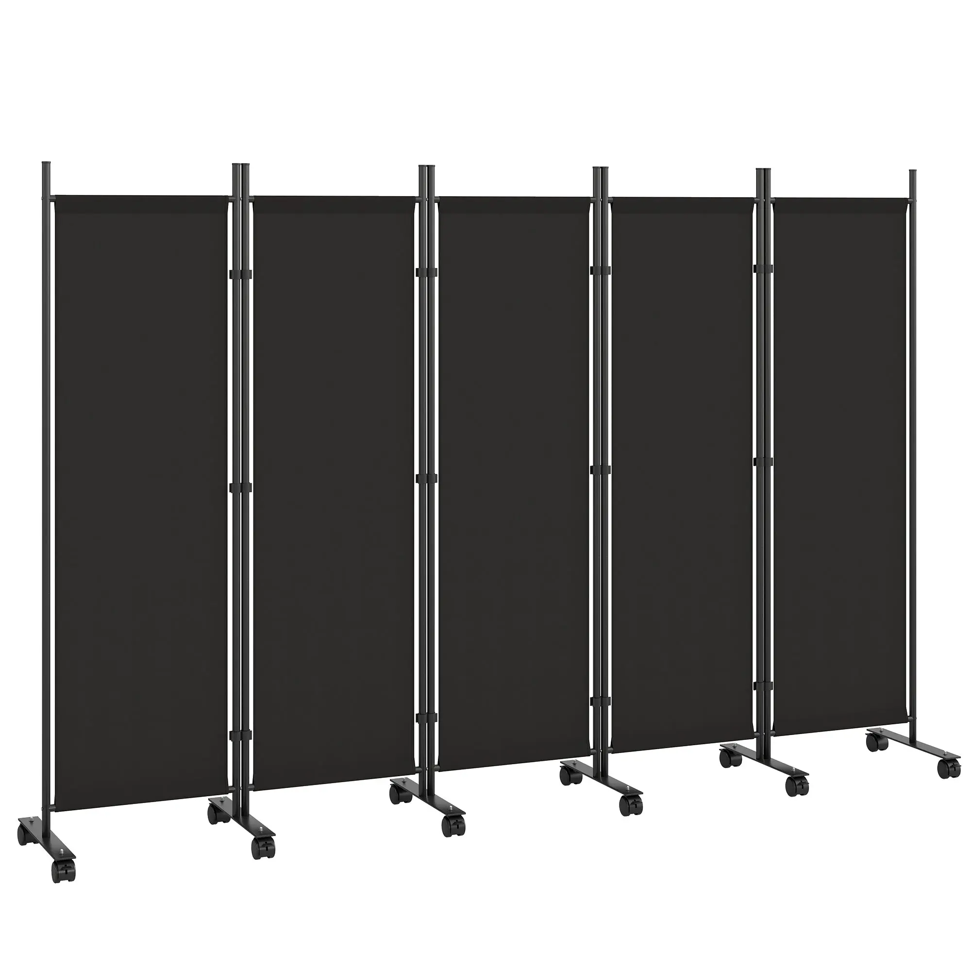 5-Panel Foldable Indoor Room Divider, 252 x 40 x 170 cm (99.2 x 15.7 x 66.9 in) — Steel Frame with 12 Wheels, Freestanding Privacy Screen for Home, Living Room & Office, Black