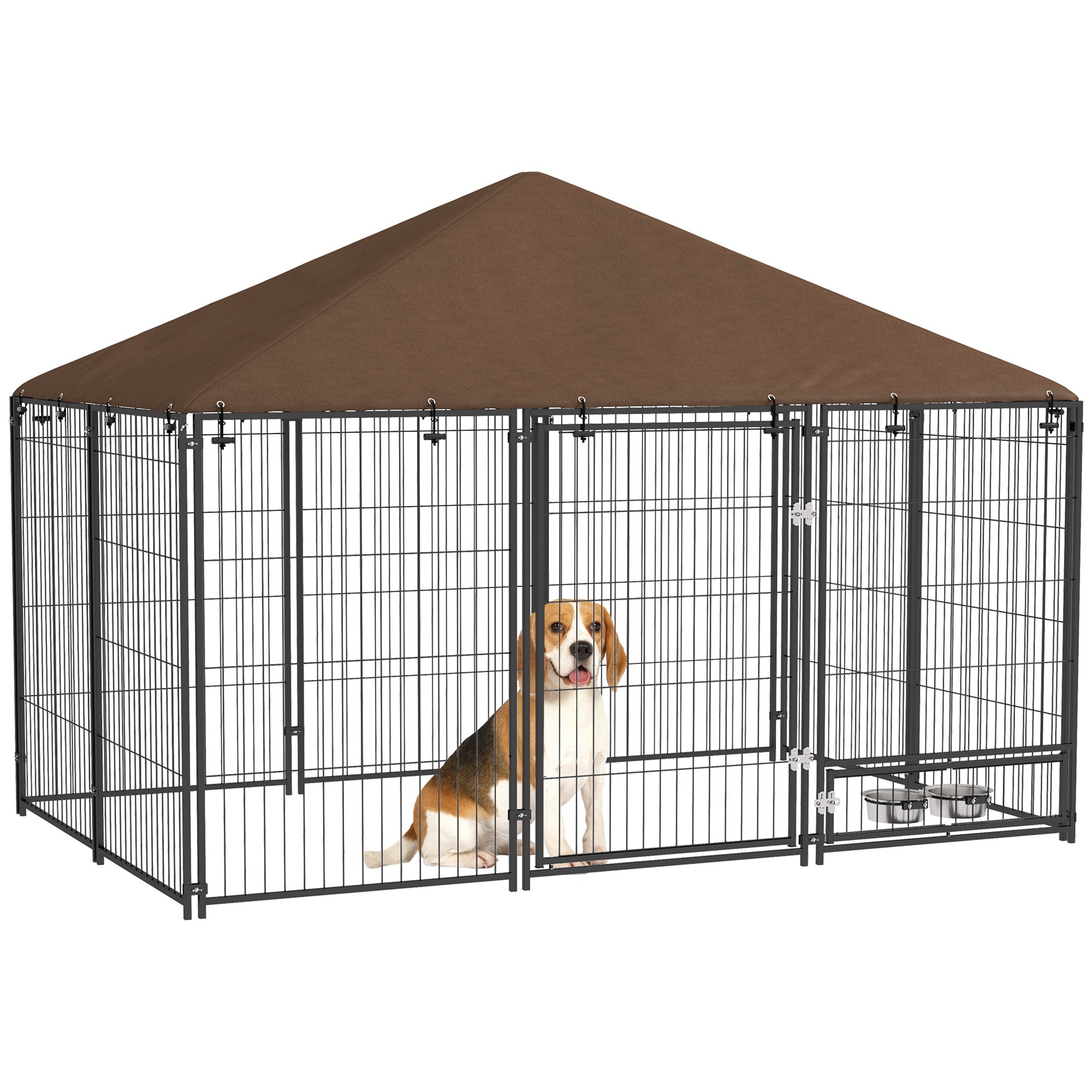 PawHut Metall Outdoor Hundespielplatz mit Sonnendach und drehbaren Futter- und Wassernäpfen - 2 Näpfe für Terrasse Garten 211x141x151 cm Schwarz
