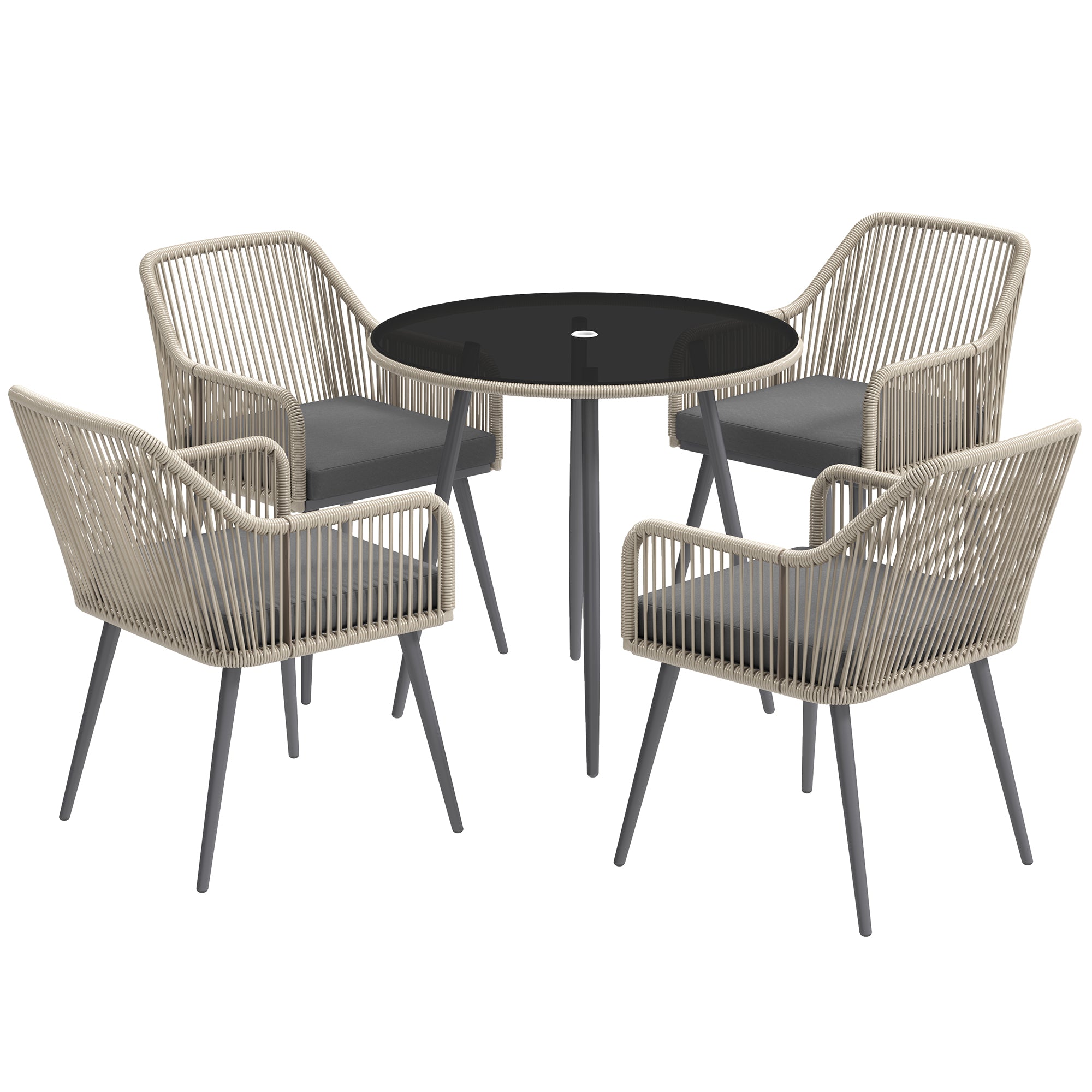 Outsunny 4-Sëtz Outdoorgarten Set aus brongen Rattanresin, Outdoortisch an Stiwwer mat Kissen an ronder Glastisch, fir Terrass, Patio, Balkon, brong