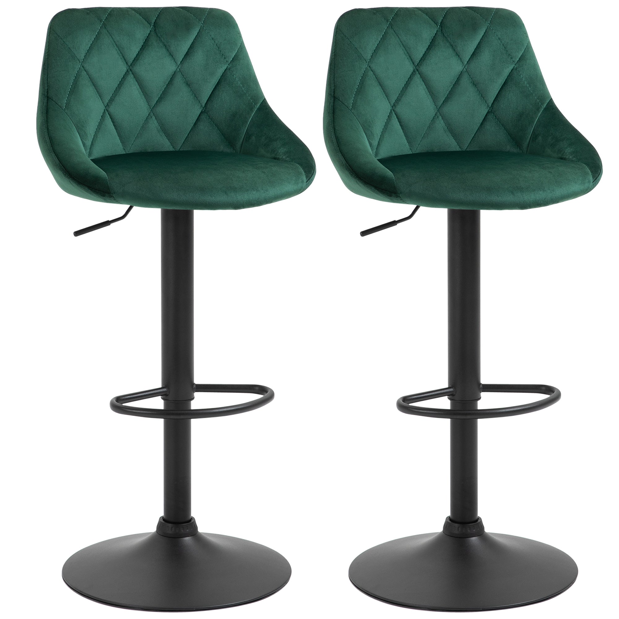 HOMCOM Ensemble de 2 Tabourets de Bar avec Hauteur Réglable, Base en Métal et Siège en Similicuir, Tabourets de Bar Rotatifs Modernes avec Dossier et Repose-Pieds 46x48x83-104cm, Vert Foncé