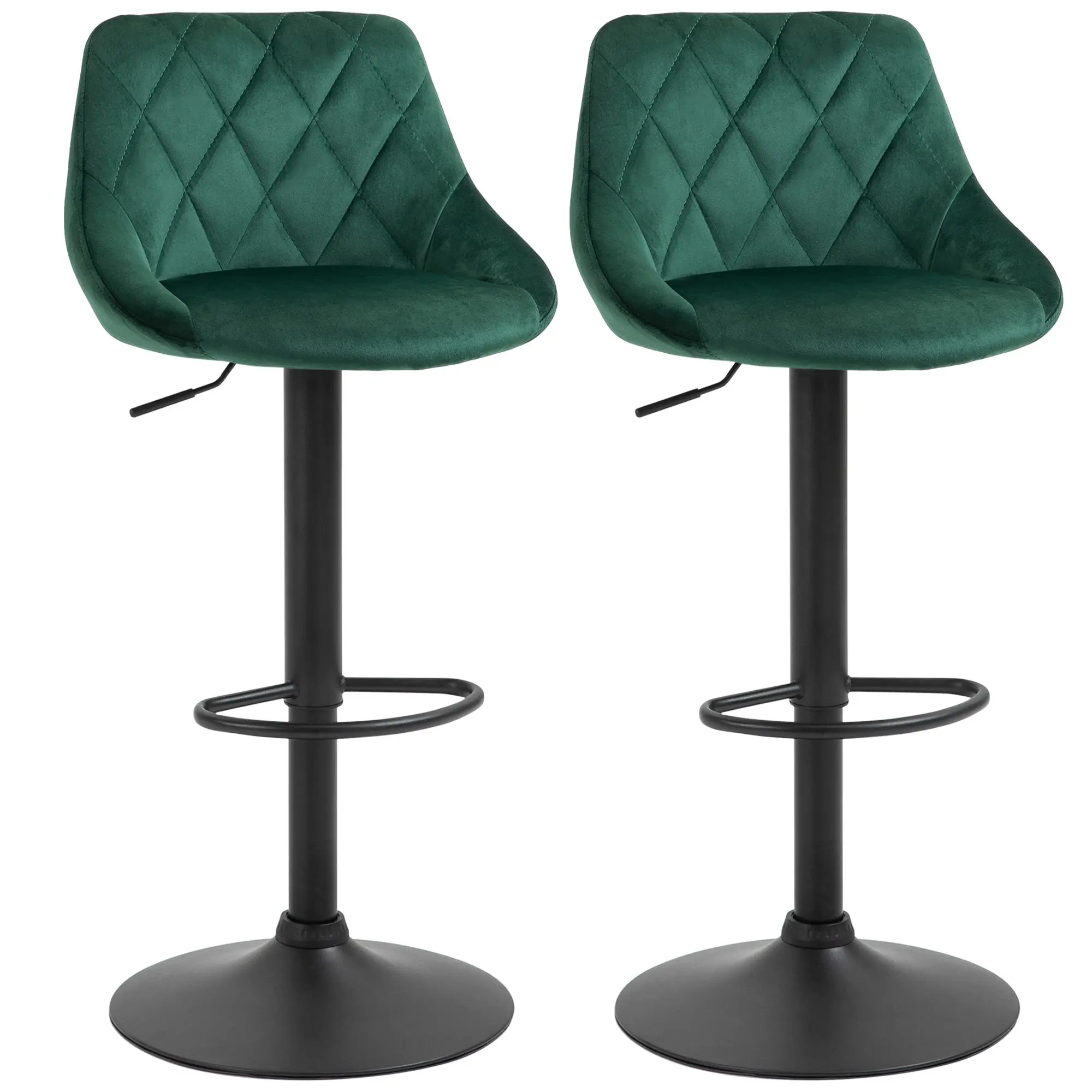 Set of 2 Bar Stools with Adjustable Height, Metal Base and Faux Leather Seat, Modern Swivel Barstools with Backrest and Footrest 46x48x83-104cm, Dark Green