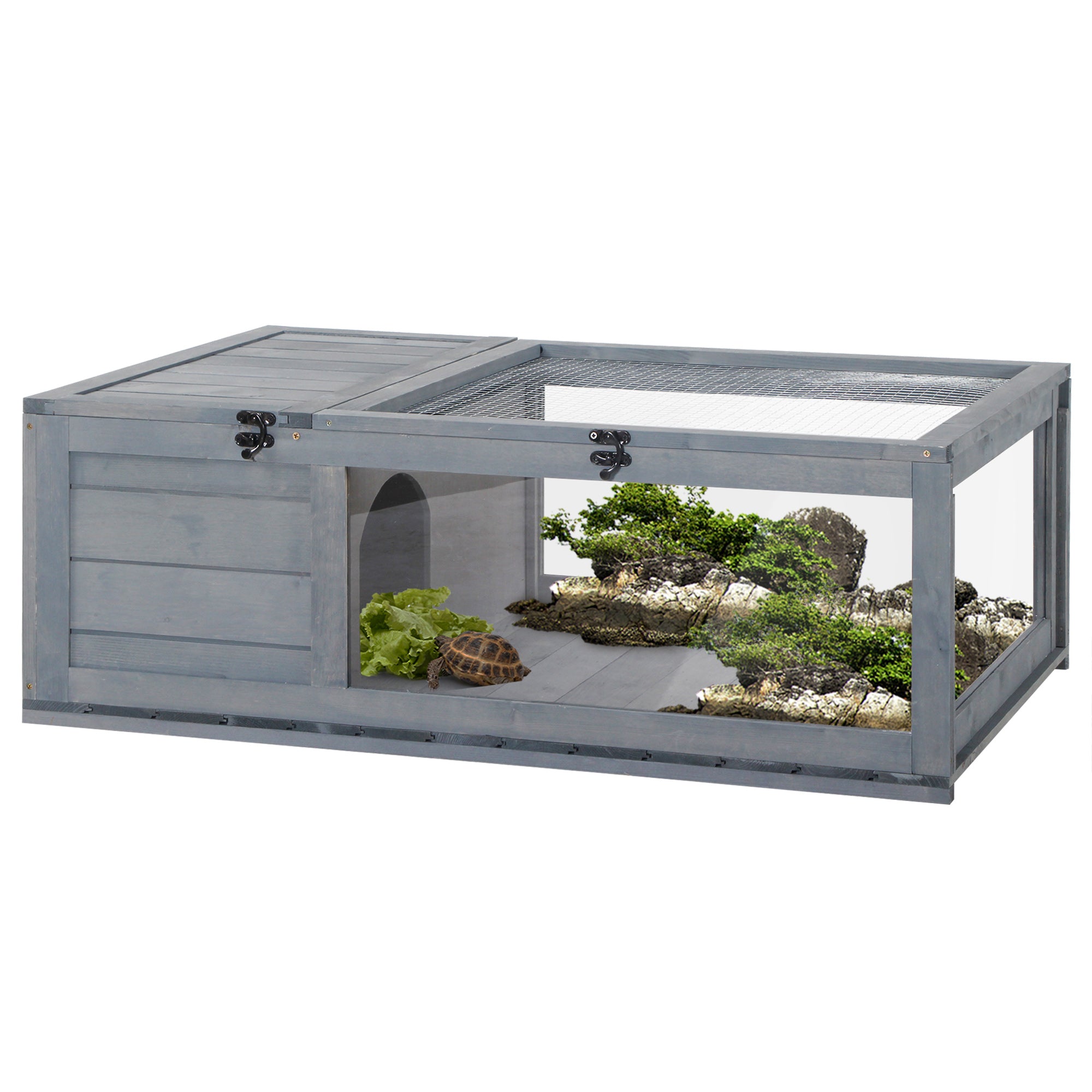 PawHut Puitkahe Maja Roomajate Terrariumiga, Sisevõrguga Katus, Eemaldatavad Läbipaistvad Külgpaneelid ja Ohutuslukk, Konnakohver 91x60.5x32 cm Hall