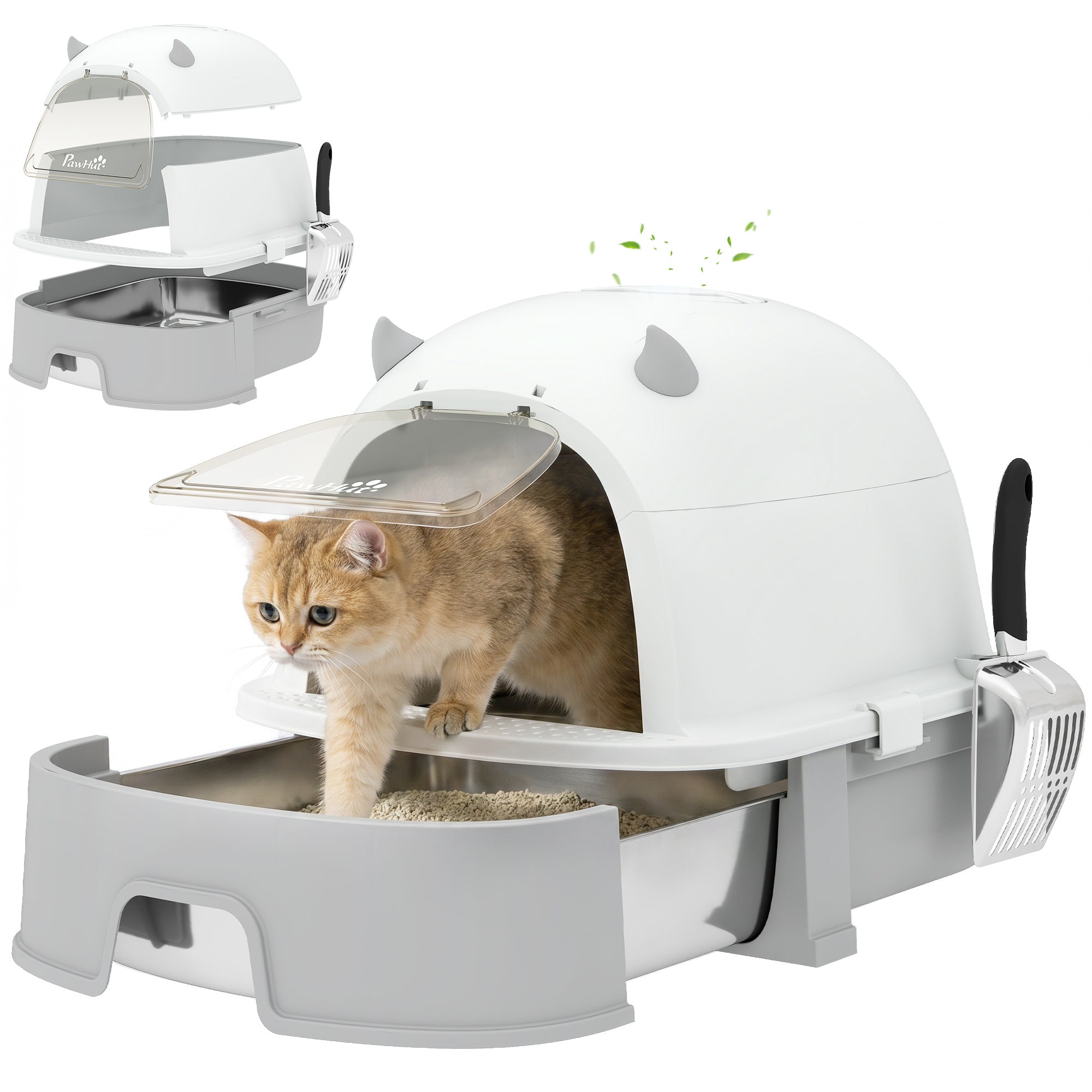Cat Litter Box, Large, Removable-Top Litter Box with Removable Stainless Steel Tray, Scoop, Carbon Filters, Easy to Clean, Leakproof, Odor Control, Gray