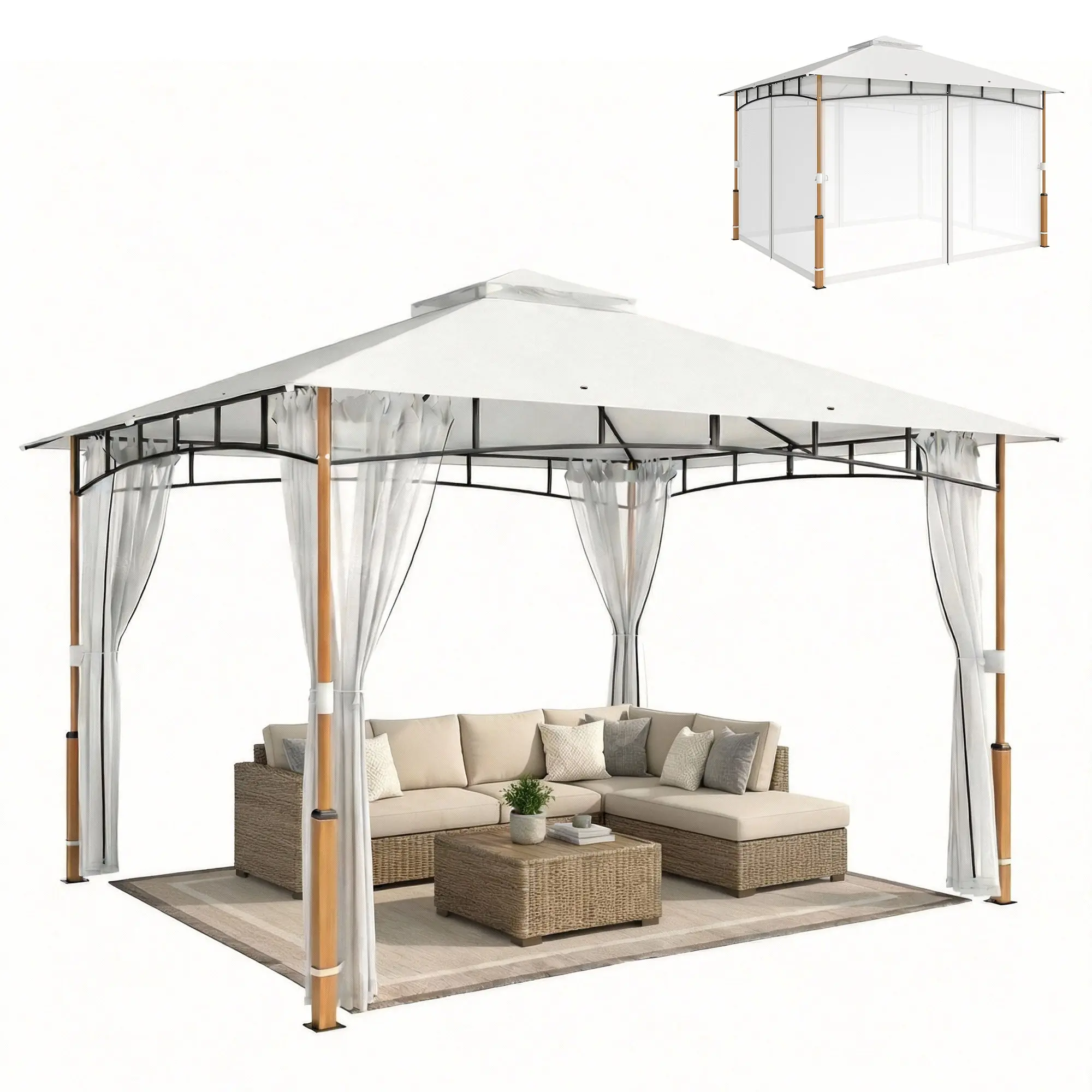Garden Gazebo 11.8 x 9.8 ft (3.6 x 3.0 m) — Double Roof, Mesh Walls, UPF50+, Metal Wood-Effect Frame, Cream & Teak