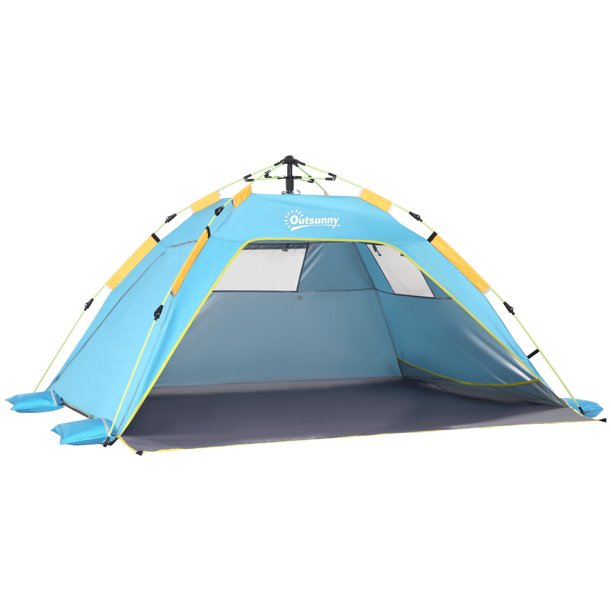 Tente de Plage Outsunny avec Fenêtres Rétractables et Fermeture Éclair, Tente Instantanée en Polyester et Fibre de Verre, 220x173x120 cm, Bleu Clair et Jaune
