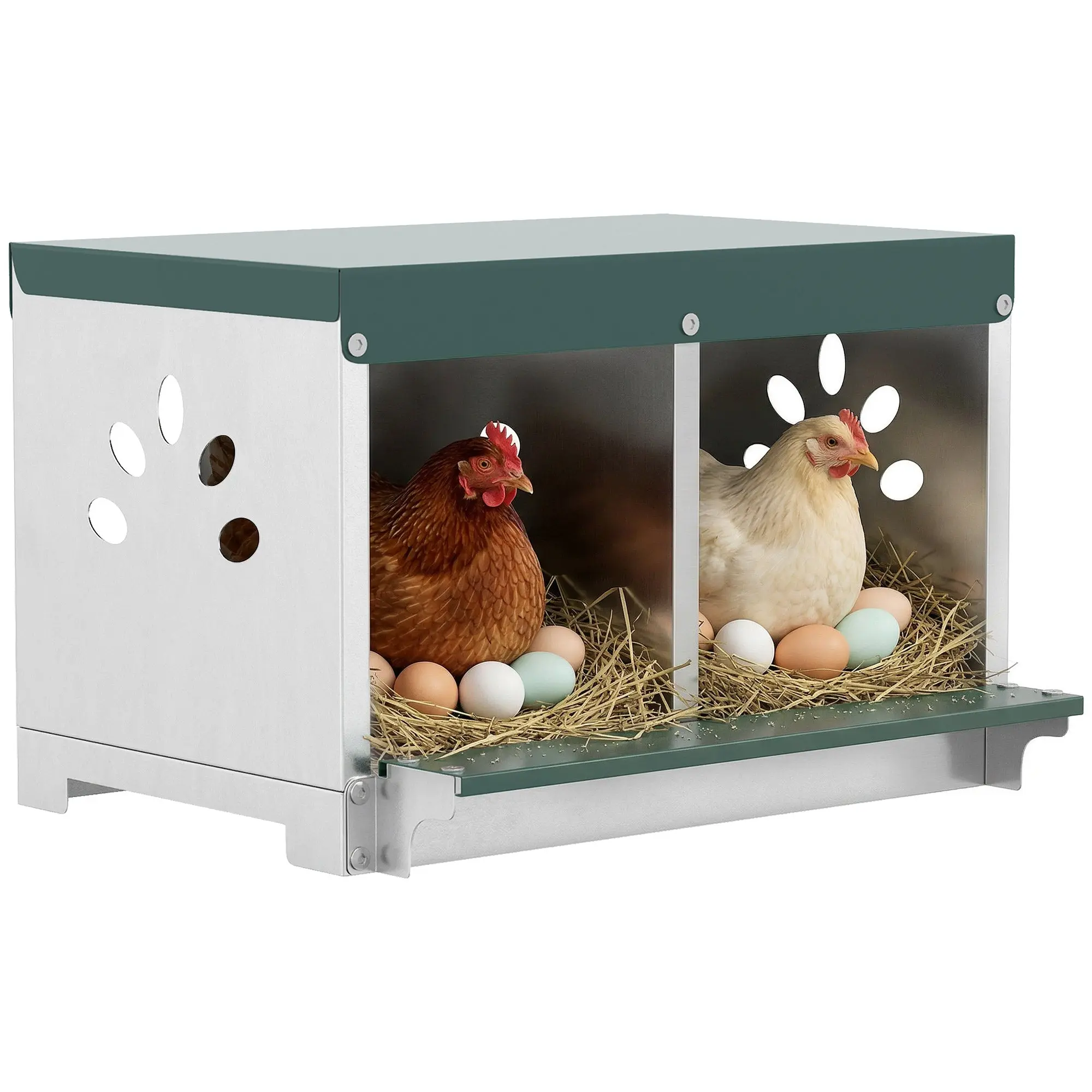 Galvanized Steel 2-Compartment Chicken Nest Box with Waterproof Roof and Ventilation, Cleaner Egg Collection — Silver & Green