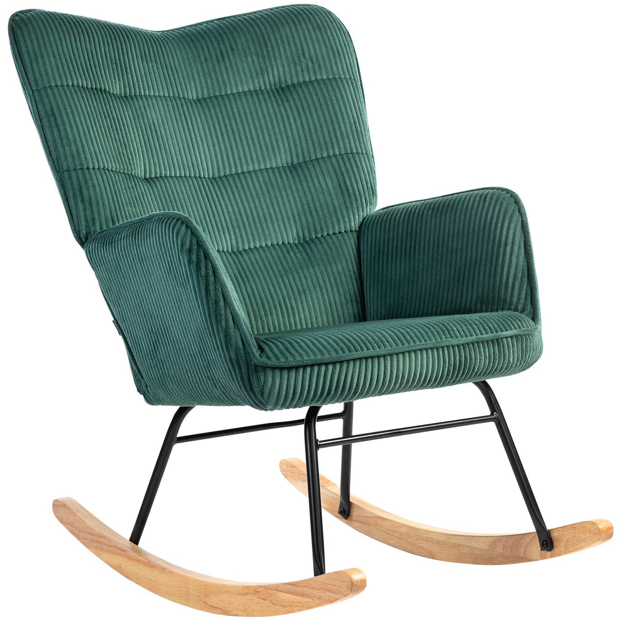 Corduroy Rocking Chair — Padded Armchair with Wooden Rockers, Tufted Back, for Living Room & Bedroom, Dark Green, Supports up to 265 lb (120 kg)