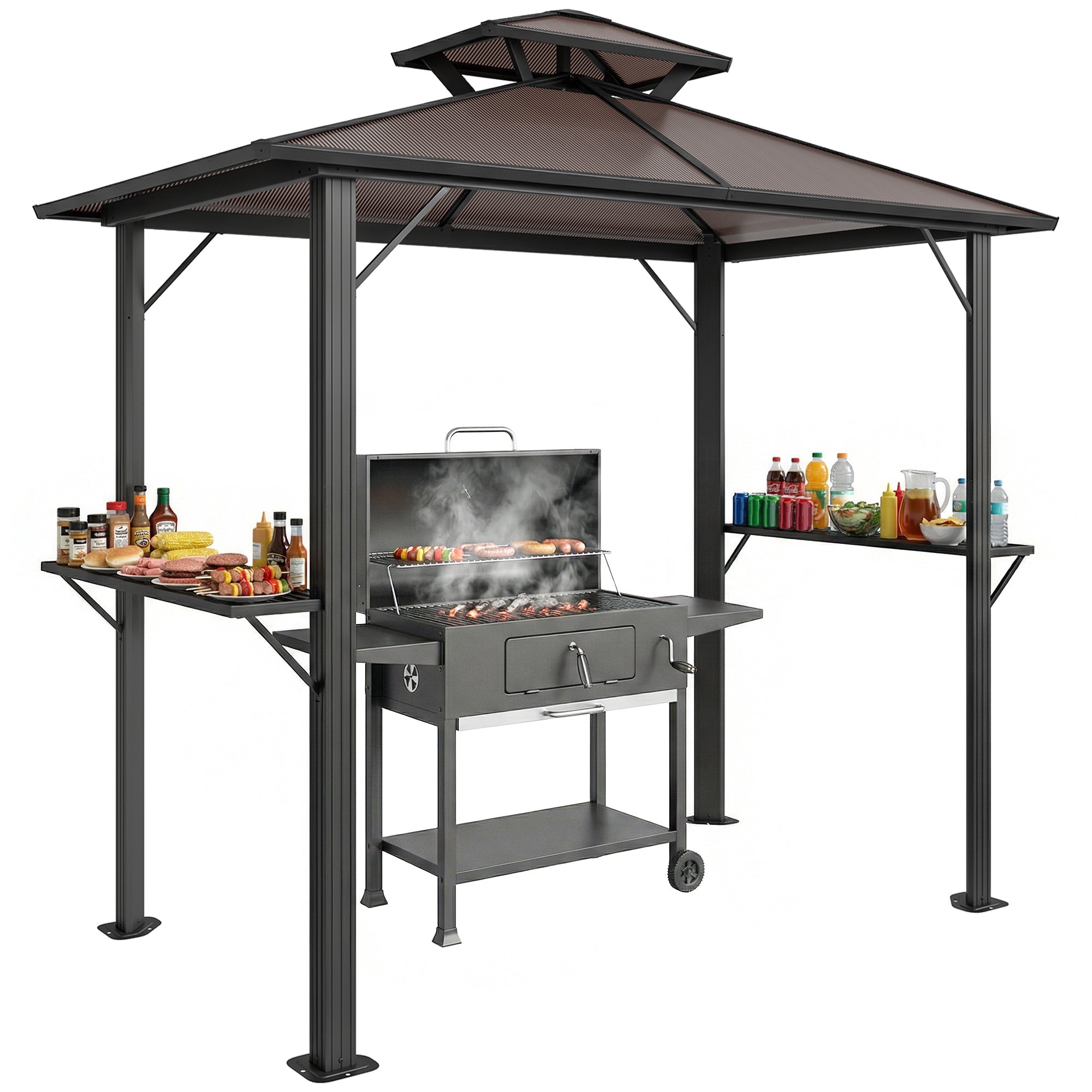 Outsunny Grillpaviljong 2,5 x 1,5 m — Vattentätt dubbel polykarbonattak för grill, sidobord, aluminiumstomme, UV-beständig, brun