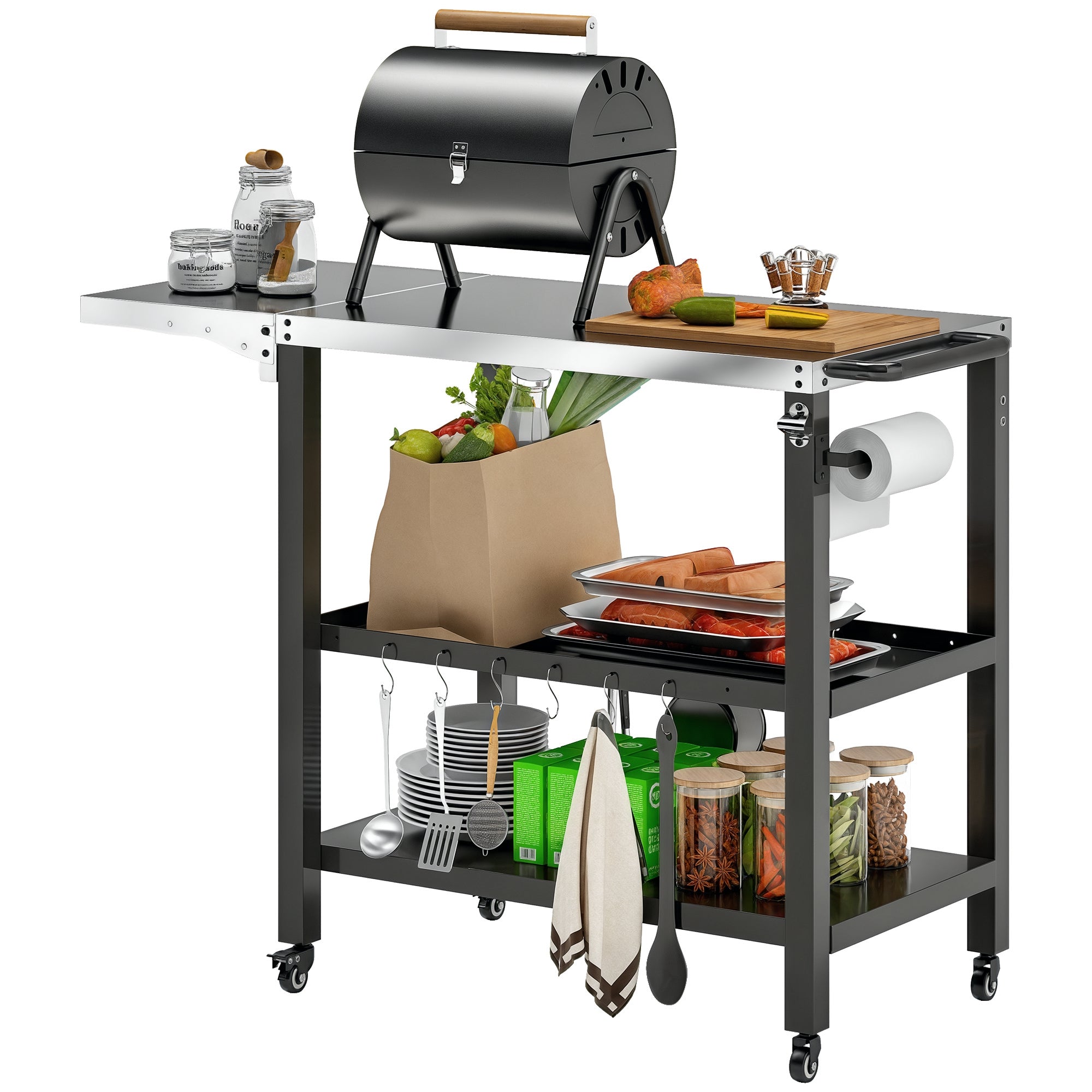 Outsunny 3-lygių Grilio Vežimėlis BBQ Trolis su Ratukais Nerūdijančio Plieno Stalas Sulankstoma Šoninė Lentelė ir Rankena Picos Orkaitės Lentelė Sode Terasoje Juoda