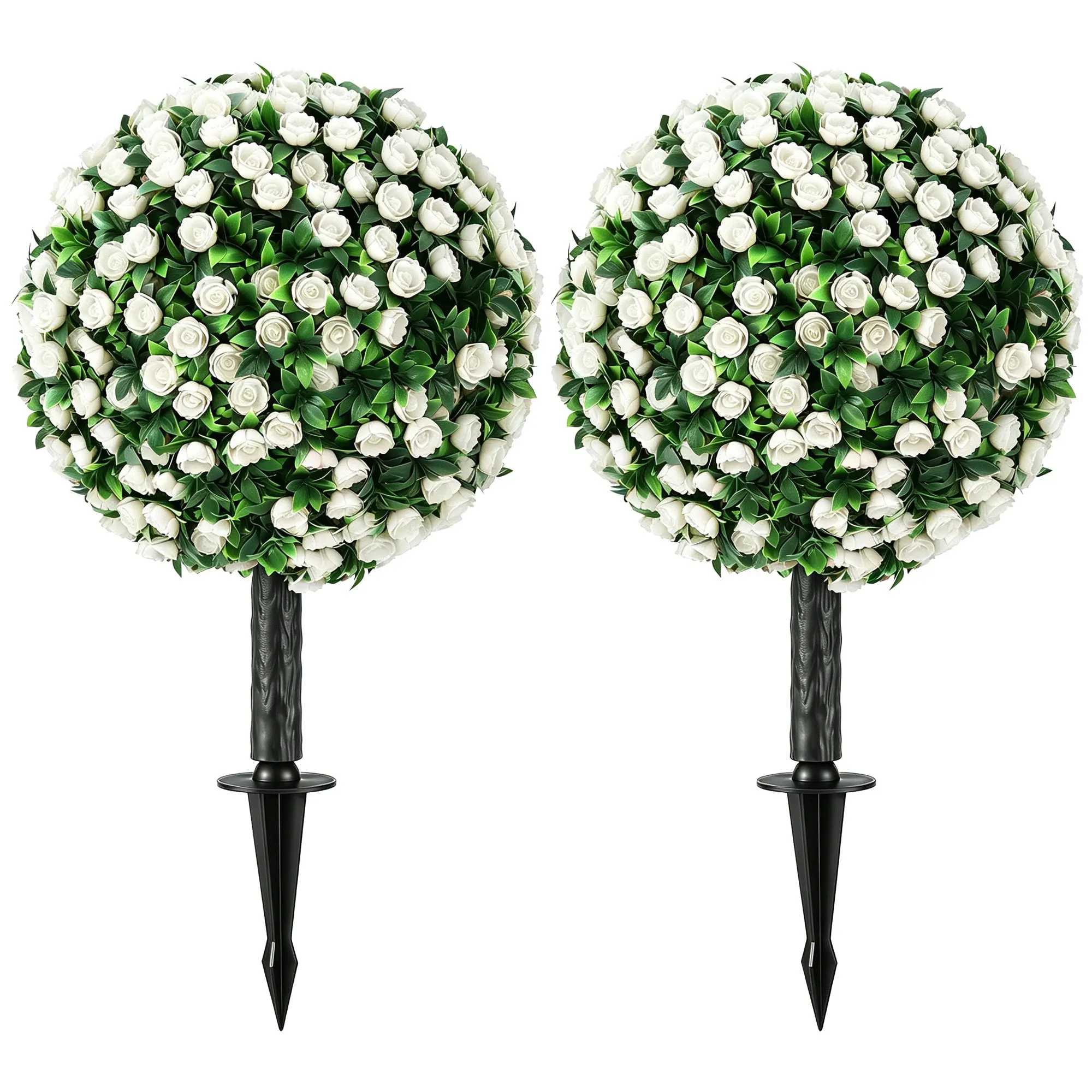 Artificial Rose Topiary Balls 2-Pack, 55 cm (21.7 in) UV-Resistant Artificial Plants with 306 White Roses and Ground Spike for Living Room, Bedroom, Office, Garden