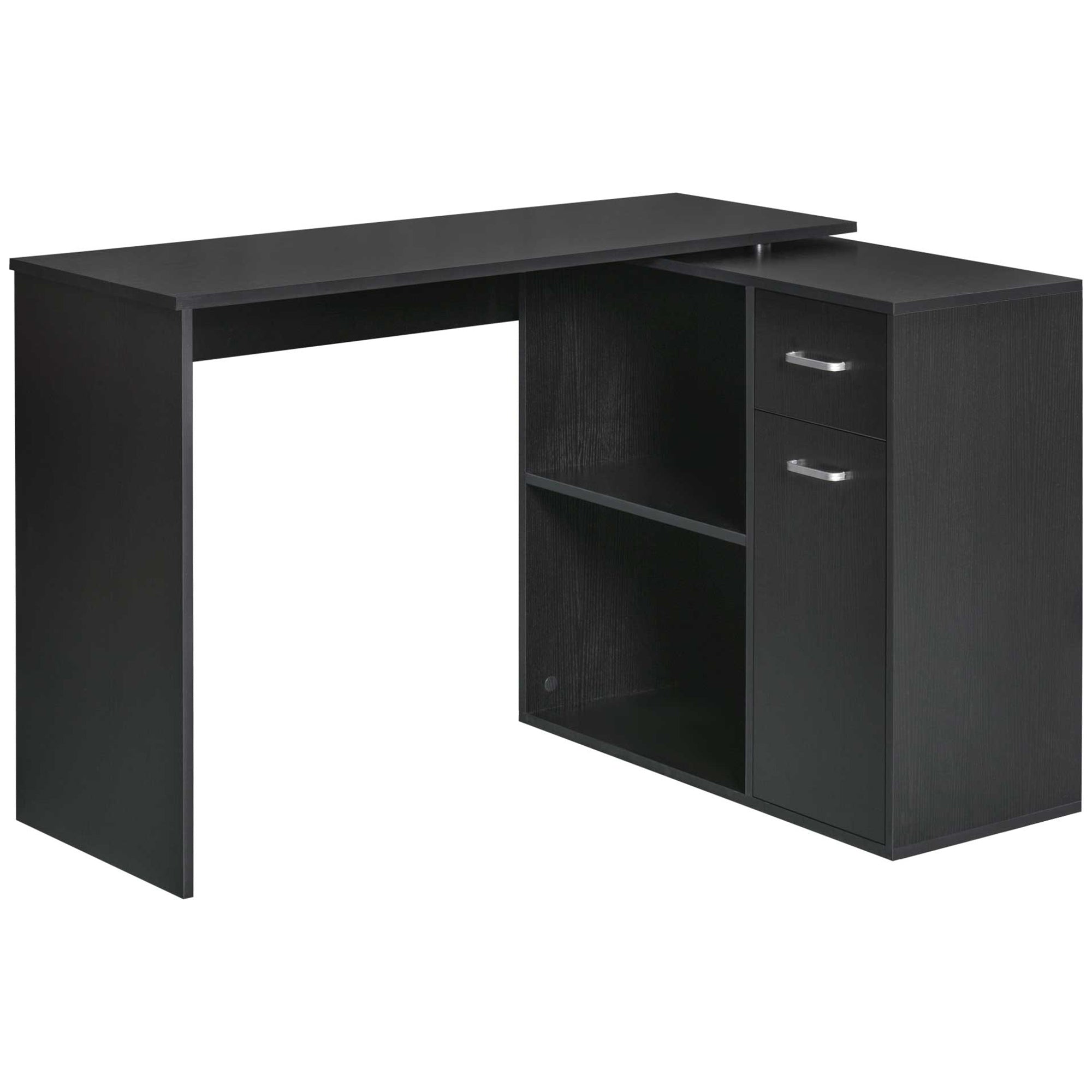 HOMCOM Eckschreibtisch für Studium und Büro mit 2 Schubladen und 2 Regalen, Moderner Holztisch, 117x82x74 cm, Schwarz