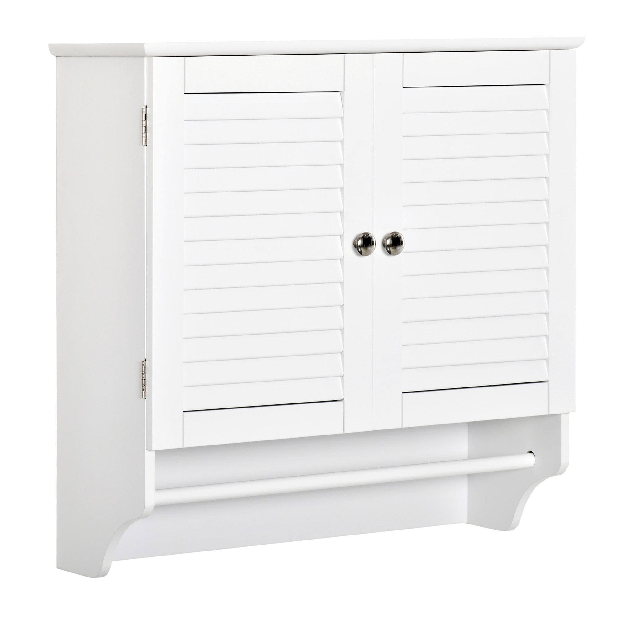 kleankin Wit Wandkast voor de Badkamer met 2 Shutterdeuren, Binnenrek en Handdoekenrek - Modern Hangmeubel Multi-functioneel voor Keuken 60x23x60 cm
