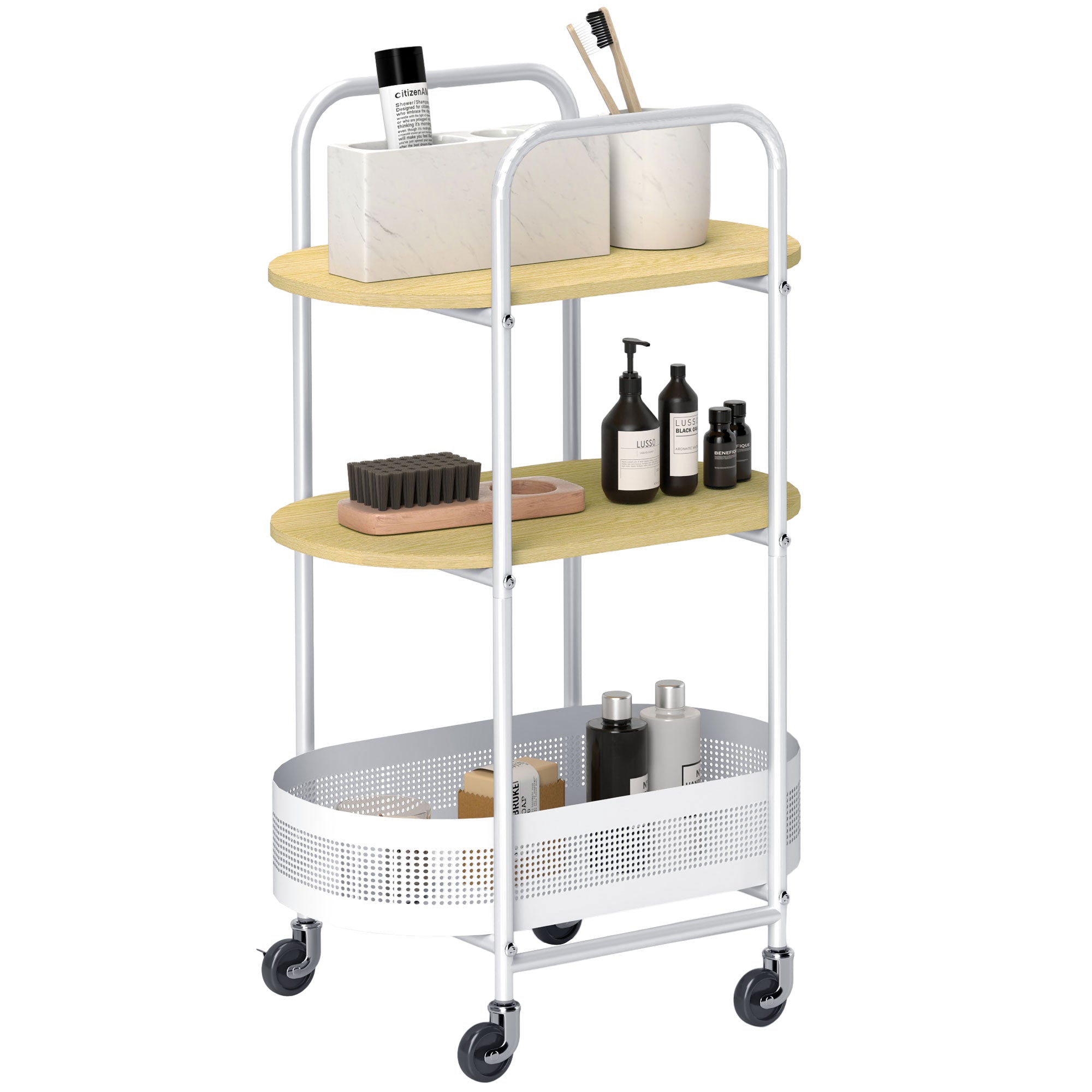 HOMCOM Rattaga Abikäru 3-korruseline Köögikäru, Hoidik Korvi ja Riiulitega, 30 kg Kandevõime Söögituba, Elutuba, Magamistuba 49.5x32.5x82.5 cm Valge ja Looduslik Puit