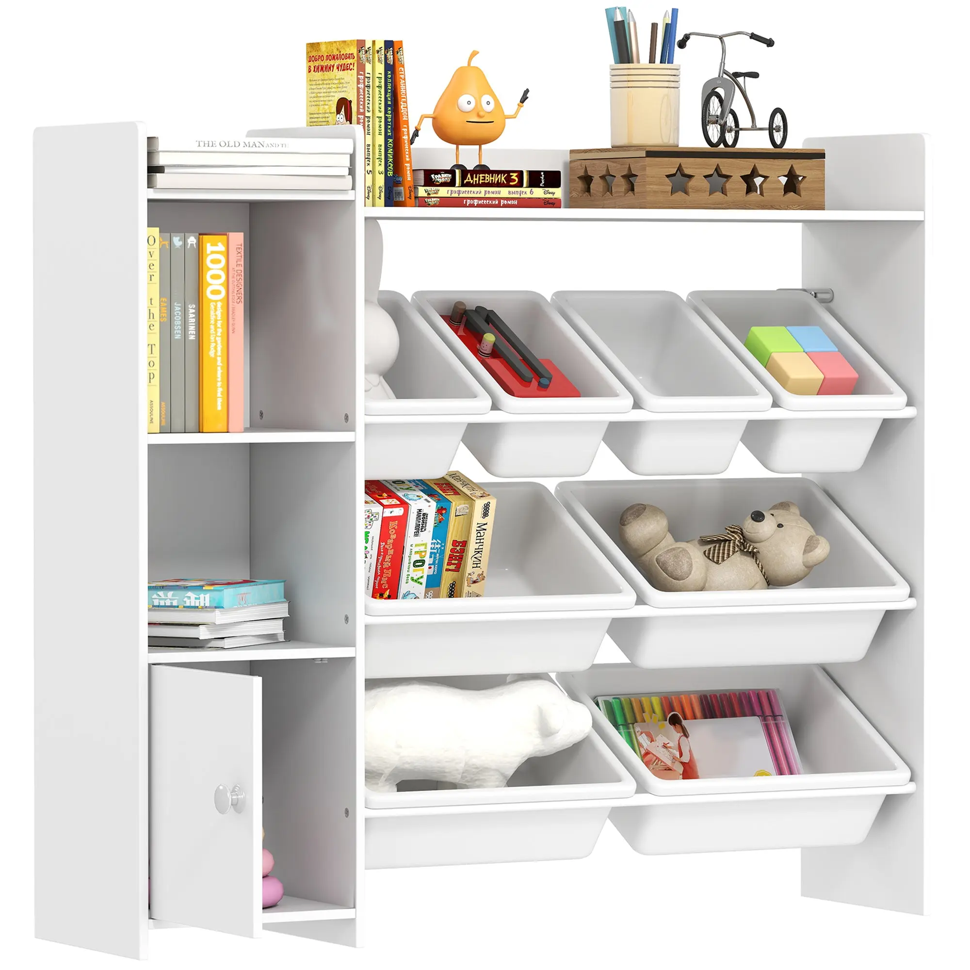 Kids Storage Unit for Ages 3–8 – Toy Organizer with 8 Removable Bins, Shelves & Cupboard, White