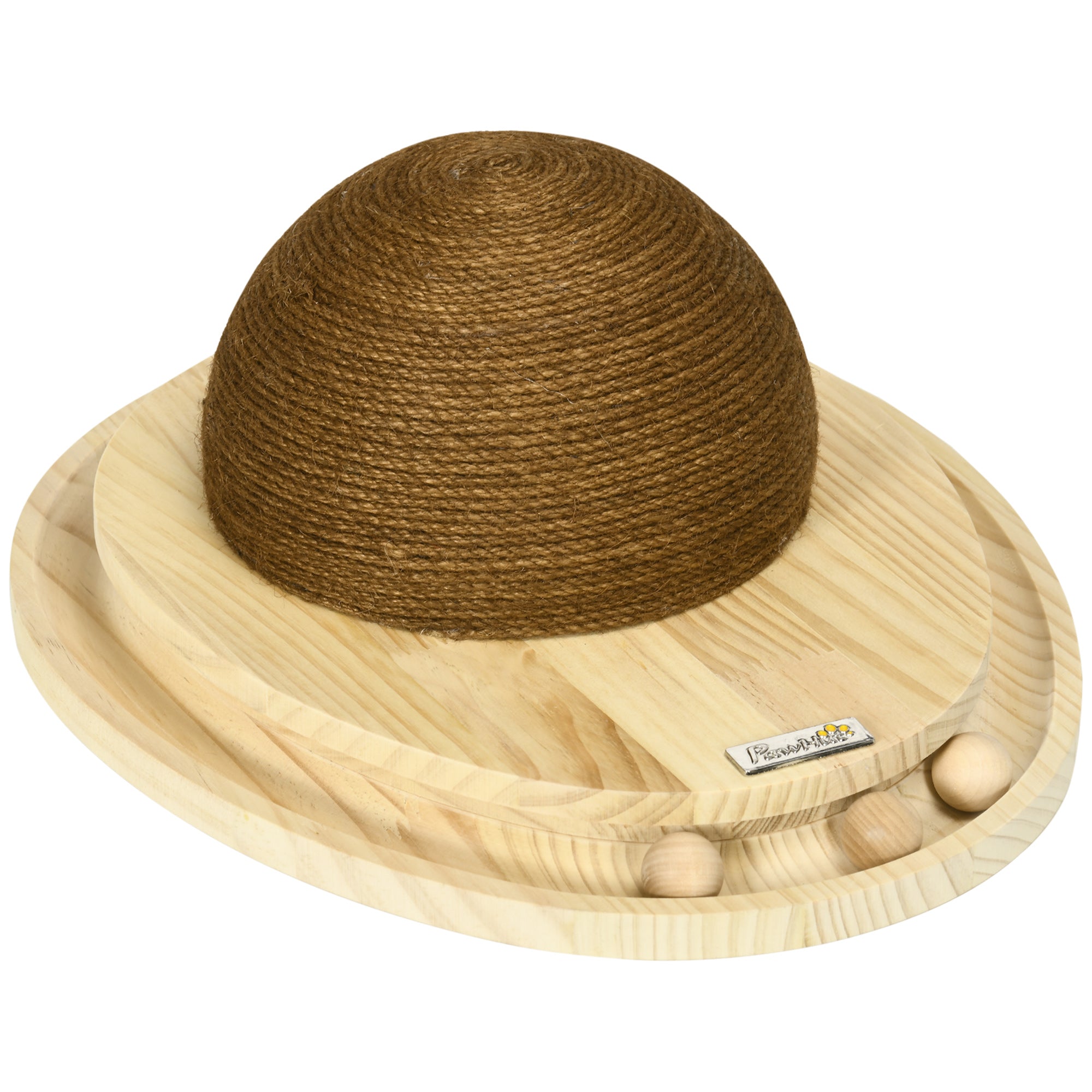 PawHut Interaktiv Kattelegetøj, 2-i-1 Design Kløelegetøj med Kløeplade og Boldbane, Kat Kløemøbel, Jute, Fyrretræ, Naturlig+Kaffe, 39,5 x 32,5 x 14,5 cm