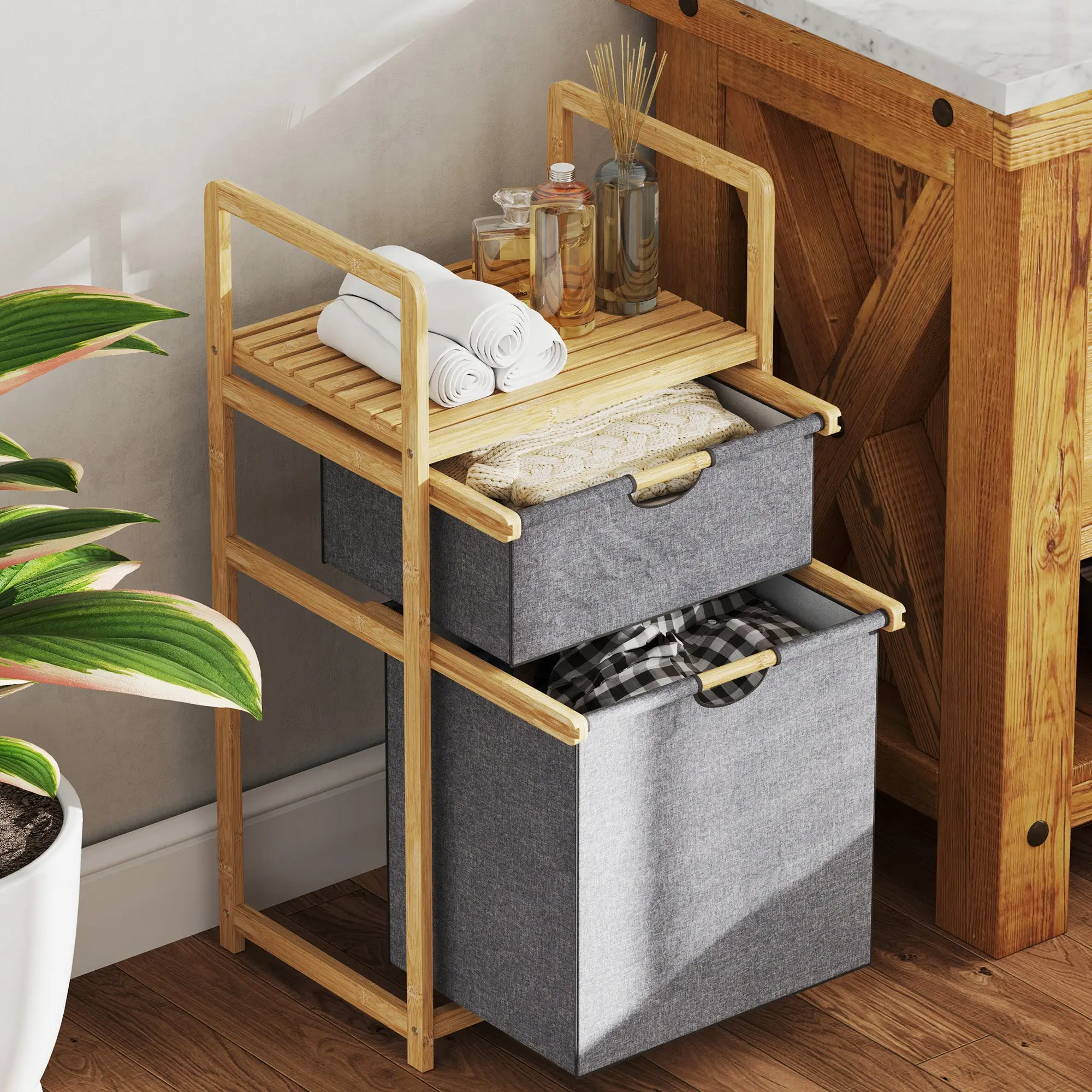 Bamboo Laundry Basket with 2 Sliding Fabric Bags and Slatted Shelf, Laundry Hamper for Bathroom, Bedroom, Laundry Room, Natural