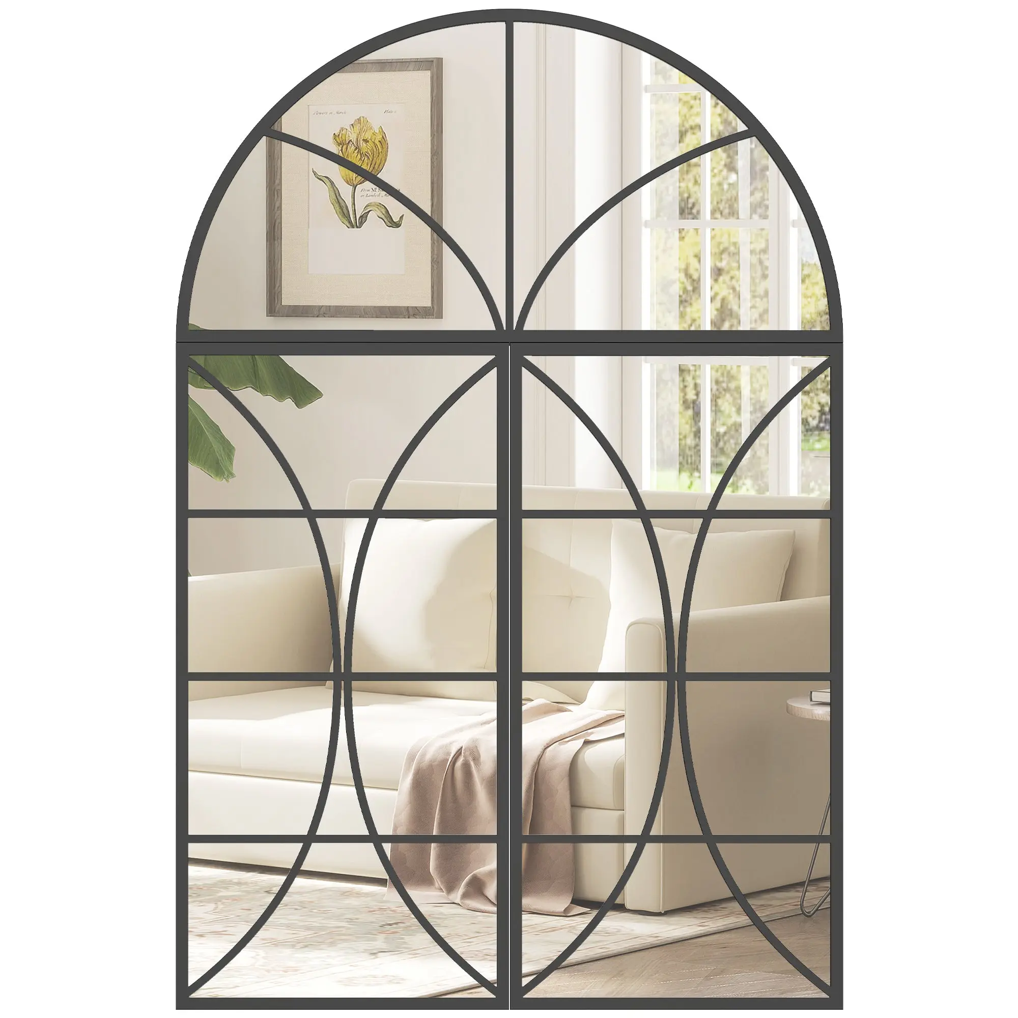 Arched Wall Mirror Set, 31.5 x 47.2 in (Set of 3) — Window-Style Decorative Mirrors, Shatterproof Tempered Glass, Black Metal Frame