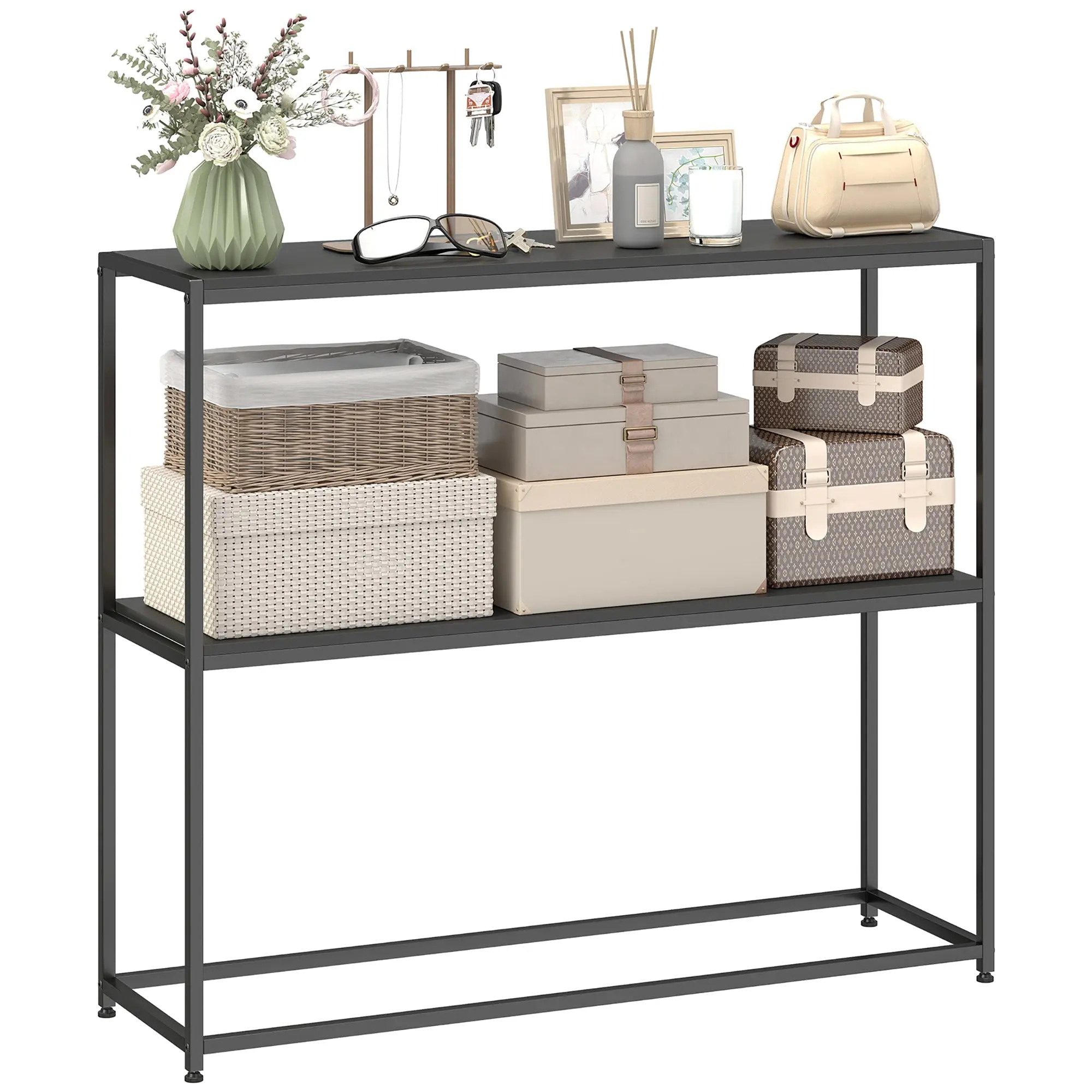 Console Table, 2-Shelf Modern Entryway Table with Steel Frame, 100 x 30 x 87 cm (39.4 x 11.8 x 34.3 in) - Black