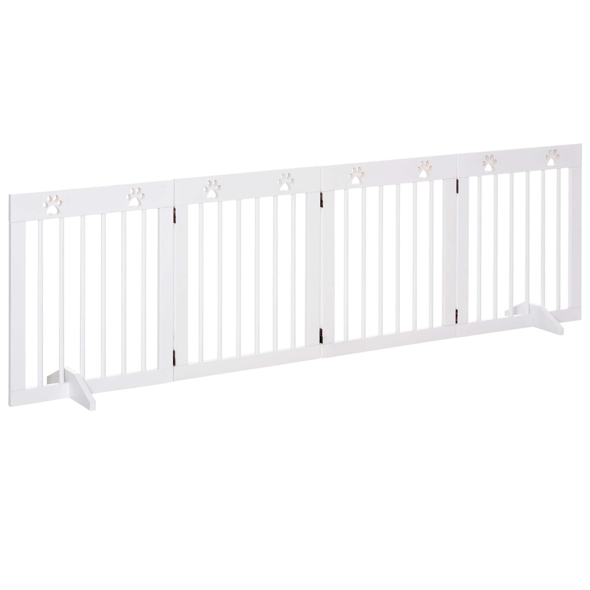PawHut Klappbare 4 Panelen Hënn Barrier 204x61 cm Sécherheetsbarrière fir Hënn mat Holzstruktur a Stäerkbeine fir Fluren a Stairen Weiss