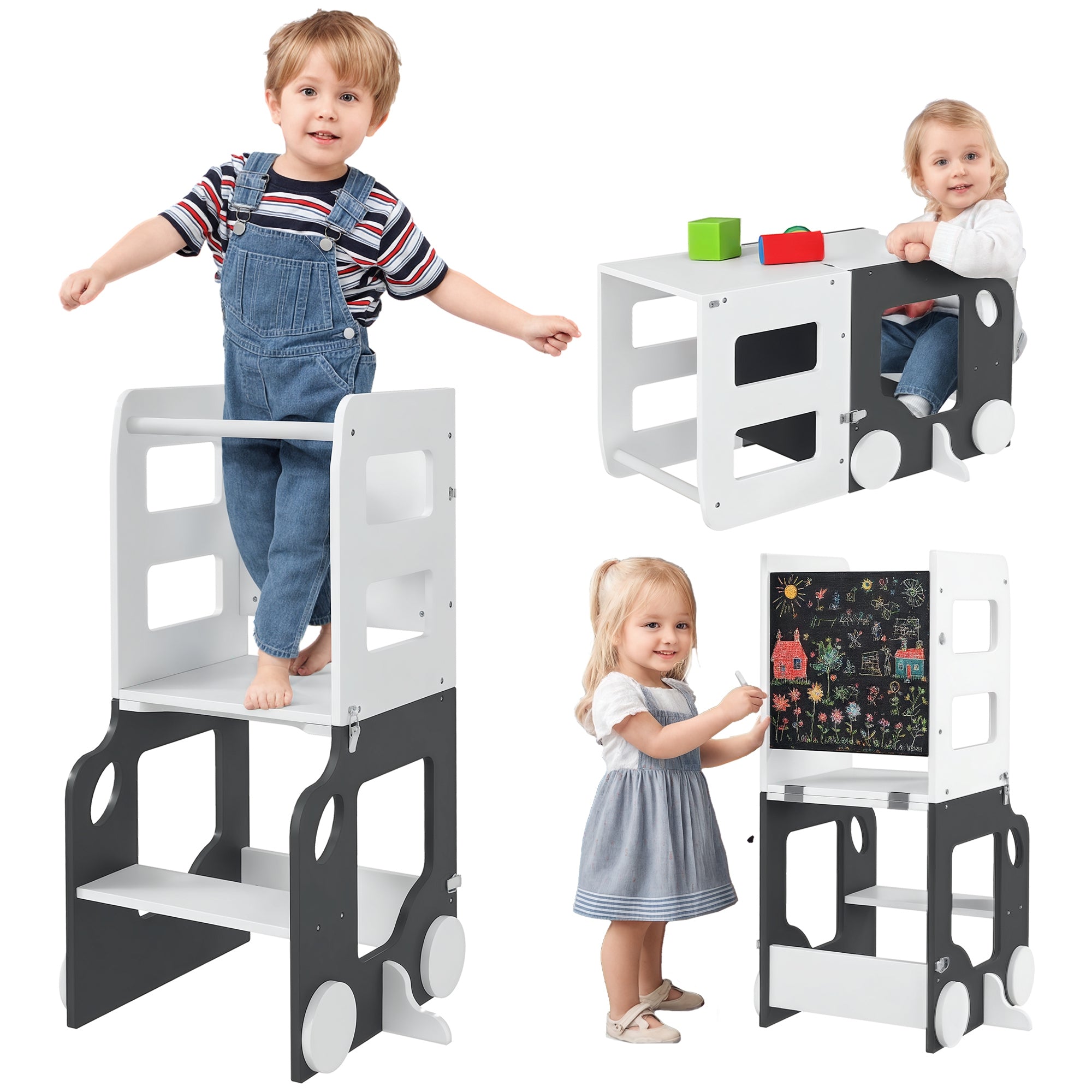 AIYAPLAY 4-in-1 Lern-Turm Kindersitz für Kinder ab 3 Jahren Fahrzeugförmiger wandelbarer Tisch und Stuhl mit beidseitiger Tafel und Sicherheitsbügel 58x46x92 cm Weiß und Grau