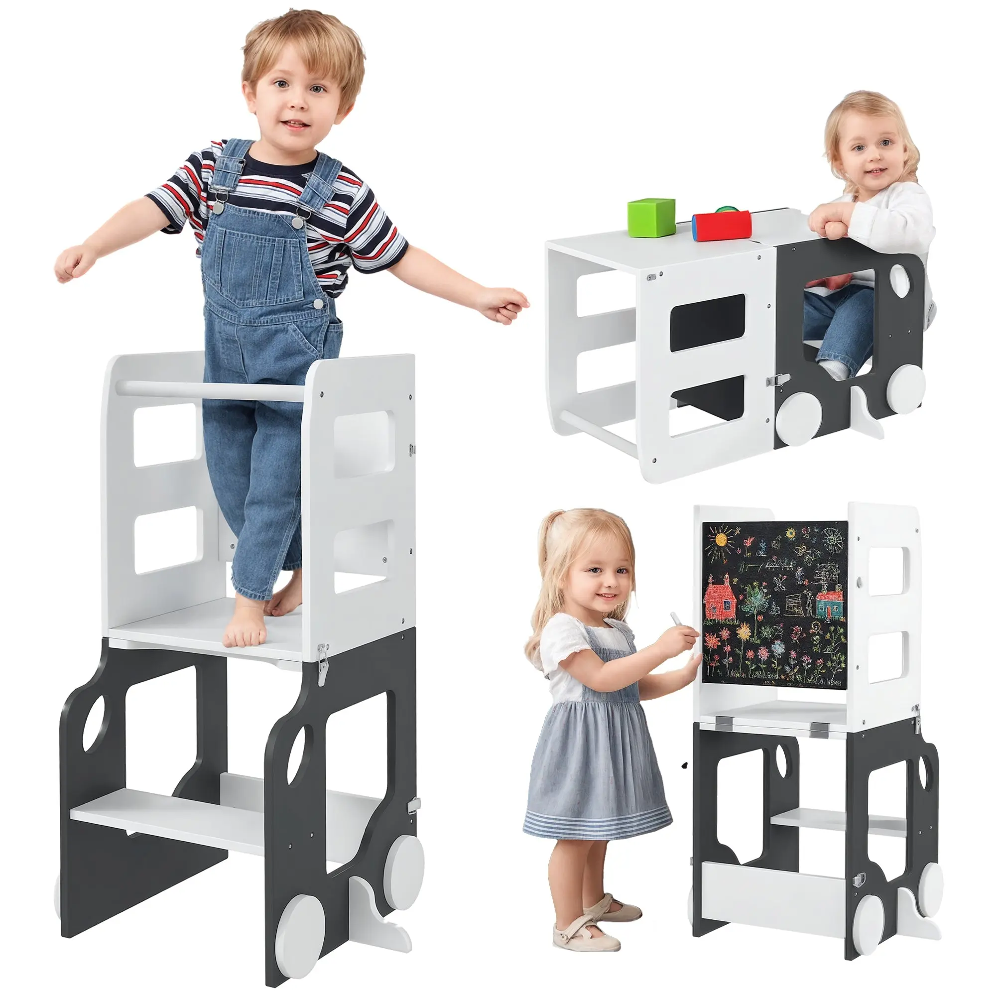 4-in-1 Learning Tower Children's Stool for Kids 3+ Years Old Car-shaped Convertible Table and Chair with Double-sided Chalkboard Safety Bar 58x46x92 cm White and Gray