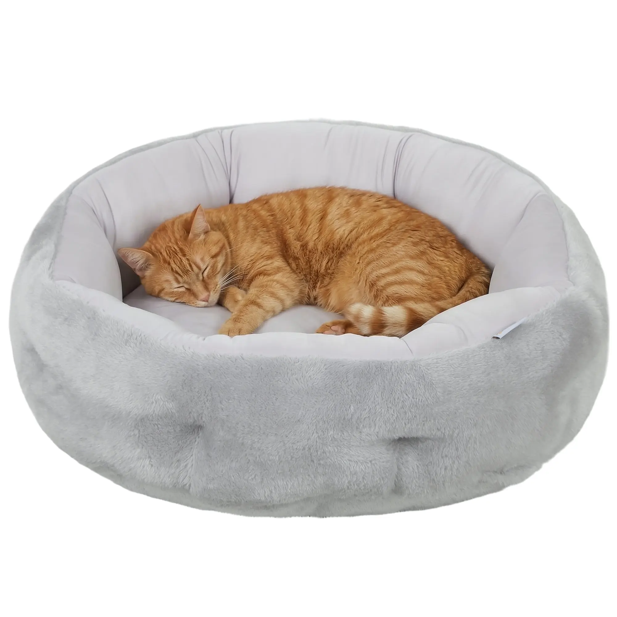 Cat Bed, Reversible Round Bed for Indoor Cats & Small Dogs, Supportive Bolster, Light Gray