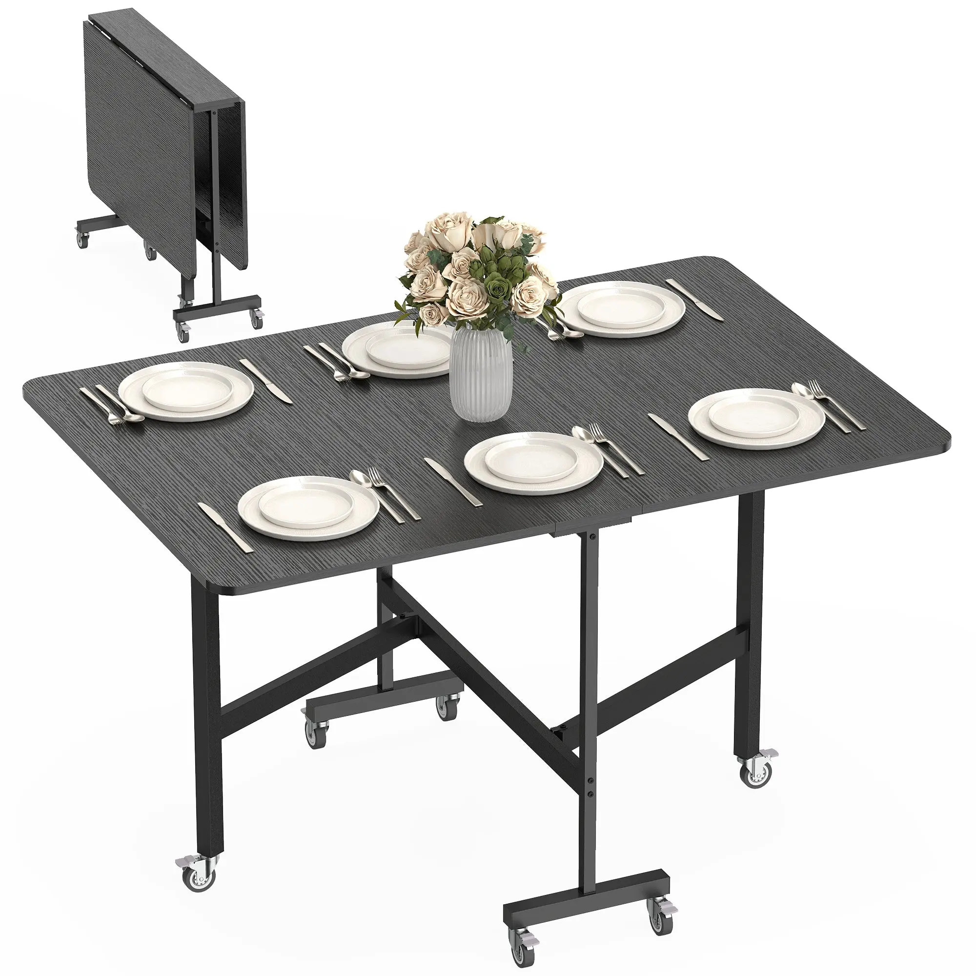 Folding Dining Table for 4–6, Drop Leaf Extendable Dining Table with Wheels, Space-Saving Rolling Kitchen Table, Black
