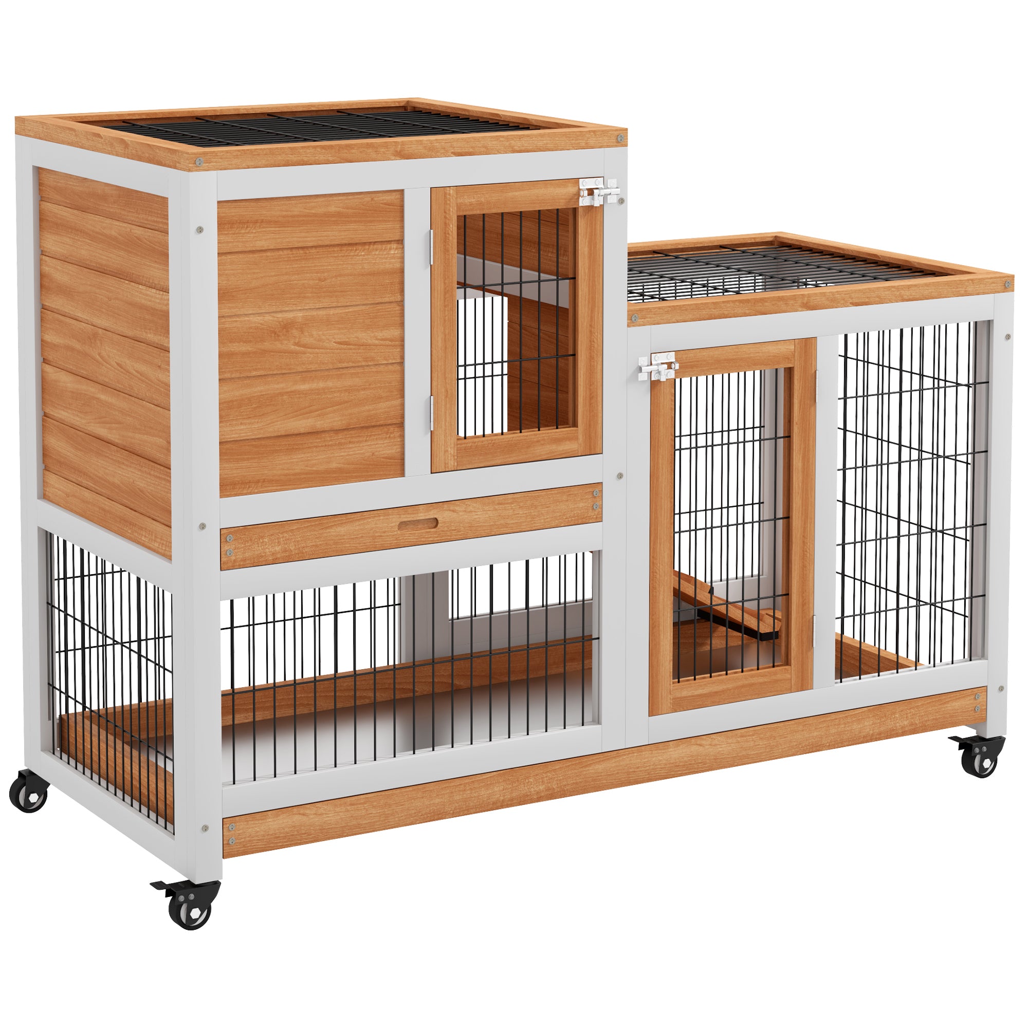 Cage à Lapins en Bois PawHut à 2 Niveaux avec Roues, Portes, Rampes et 2 Plateaux Amovibles - 110x50x88 cm - Naturel et Blanc