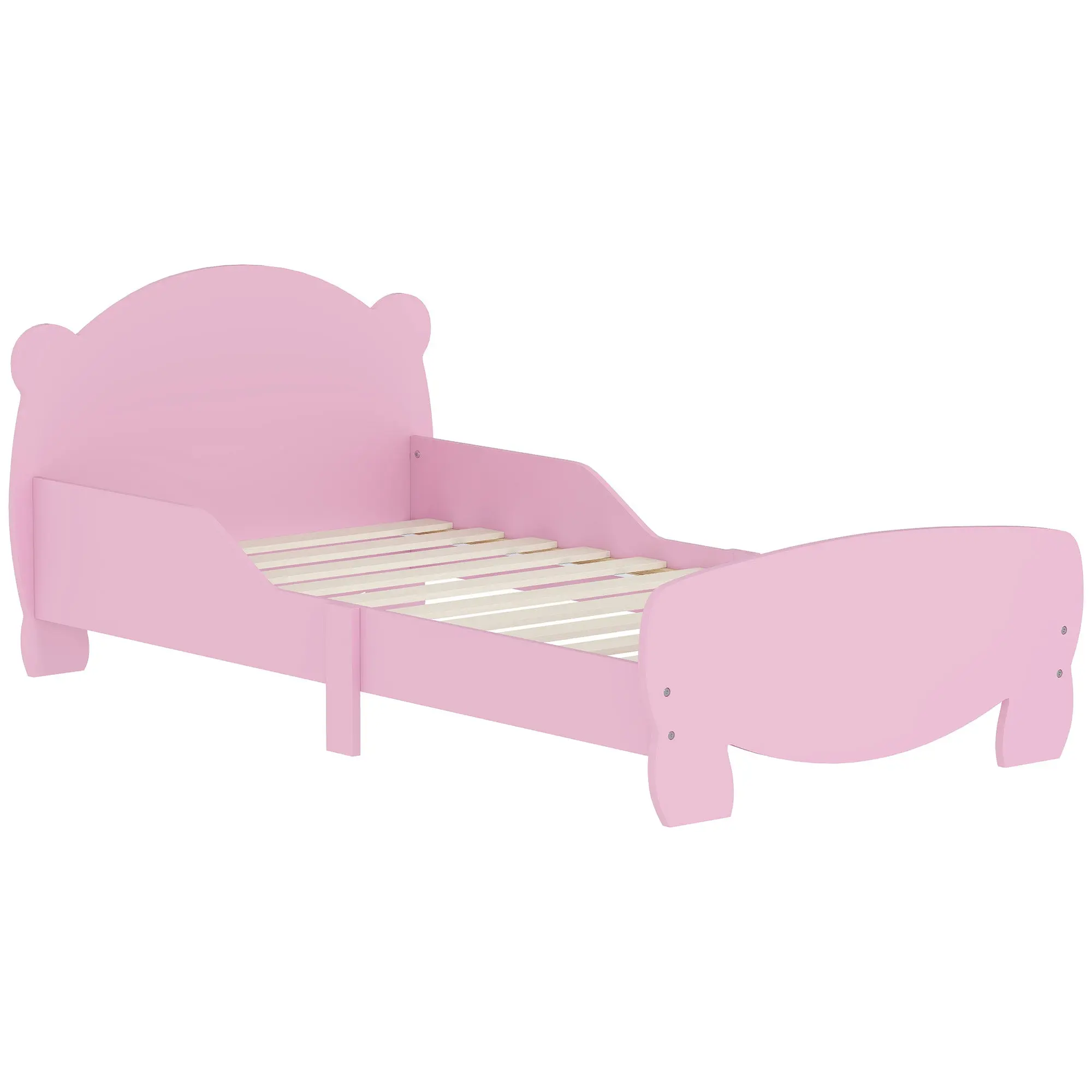 Montessori Children's Bed 3-6 Years, 140x70 cm Single Children's Bed with Anti-Fall Rails and Bear Shaped Wooden Slatted Base for Kids' Room, Pink