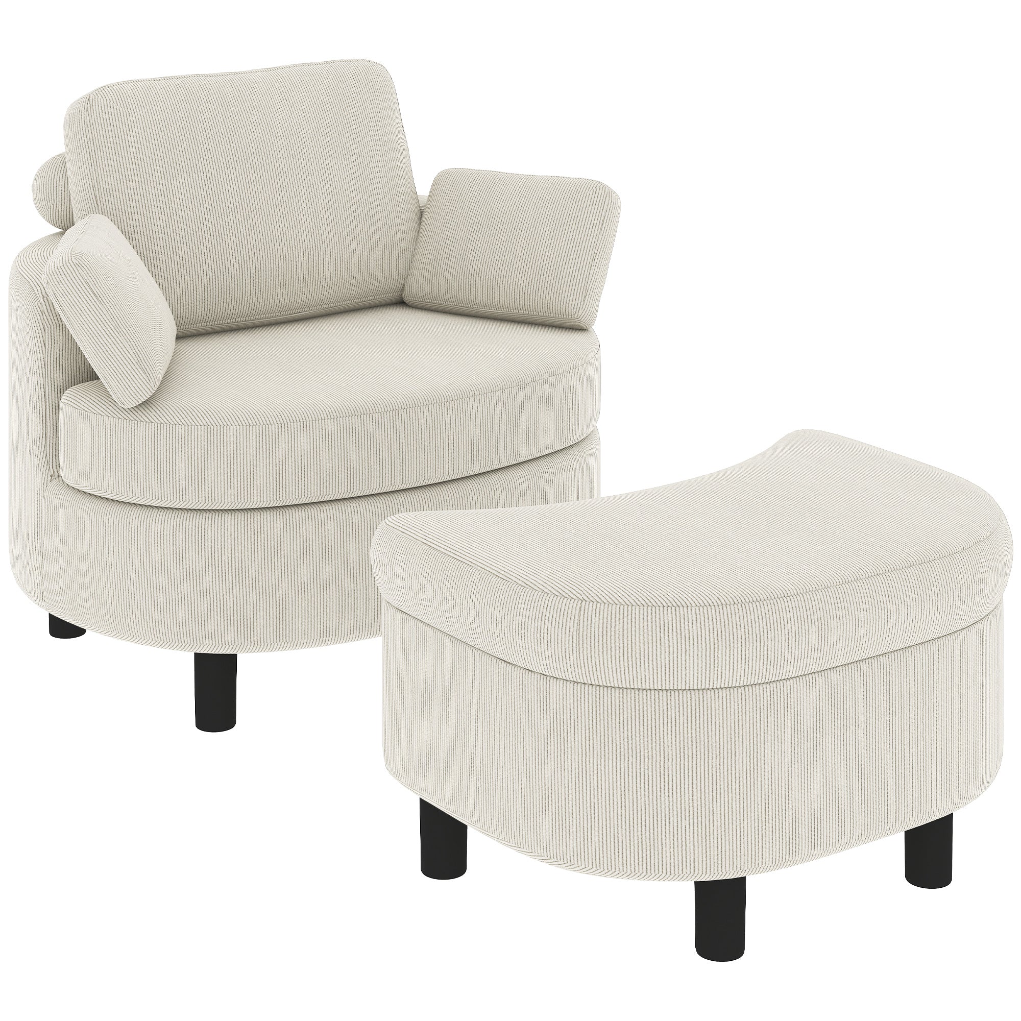 HOMCOM Corduroy-polsterten Relaxsessel mat Stau-Ottoman a verstellbarem Kappstëtz – breet, bequem Armstuhl fir Wunnzëmmer & Schlofkummer, Crème
