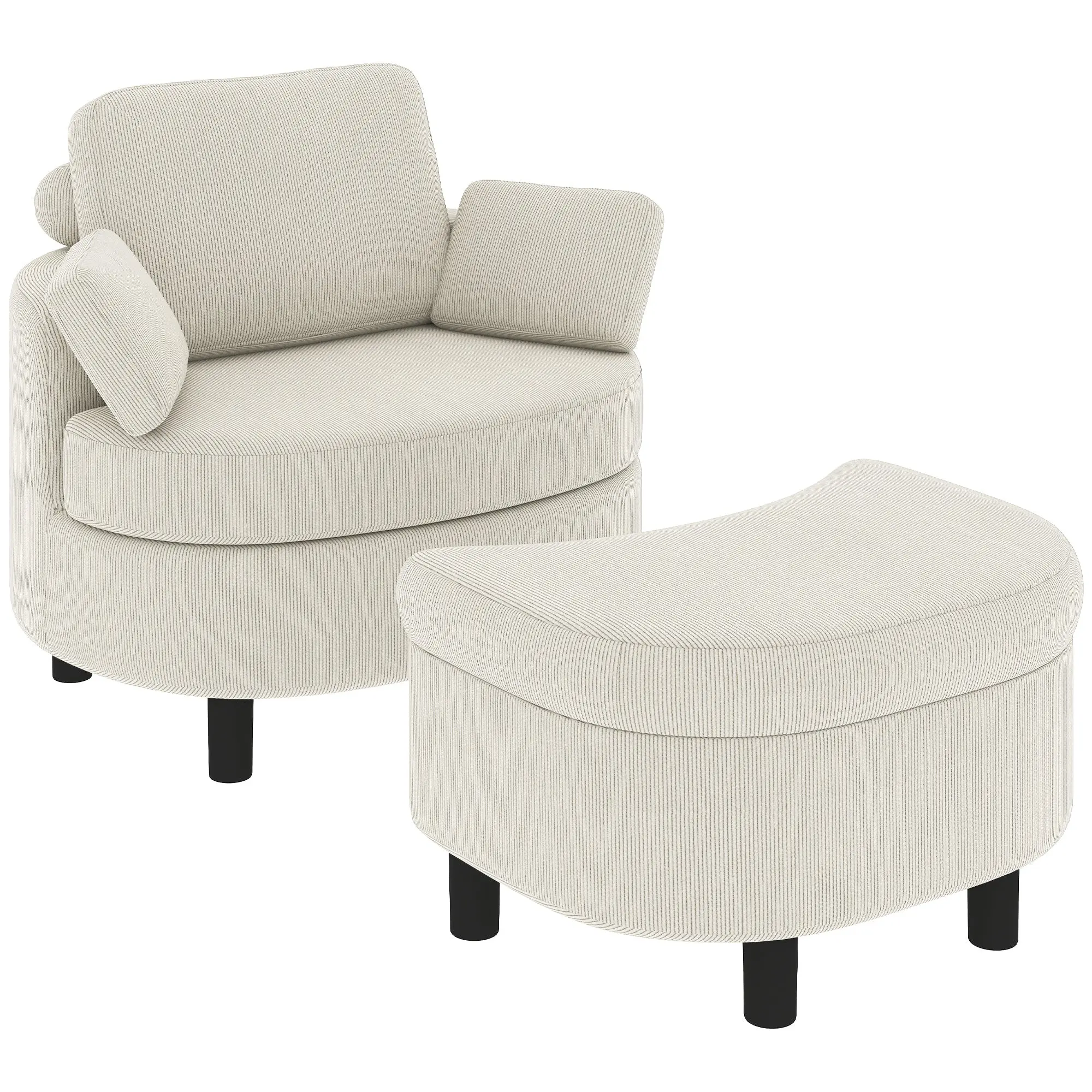 Cord Upholstered Lounge Chair with Storage Ottoman, Adjustable Headrest — Wide Relaxing Armchair for Living Room & Bedroom, Cream
