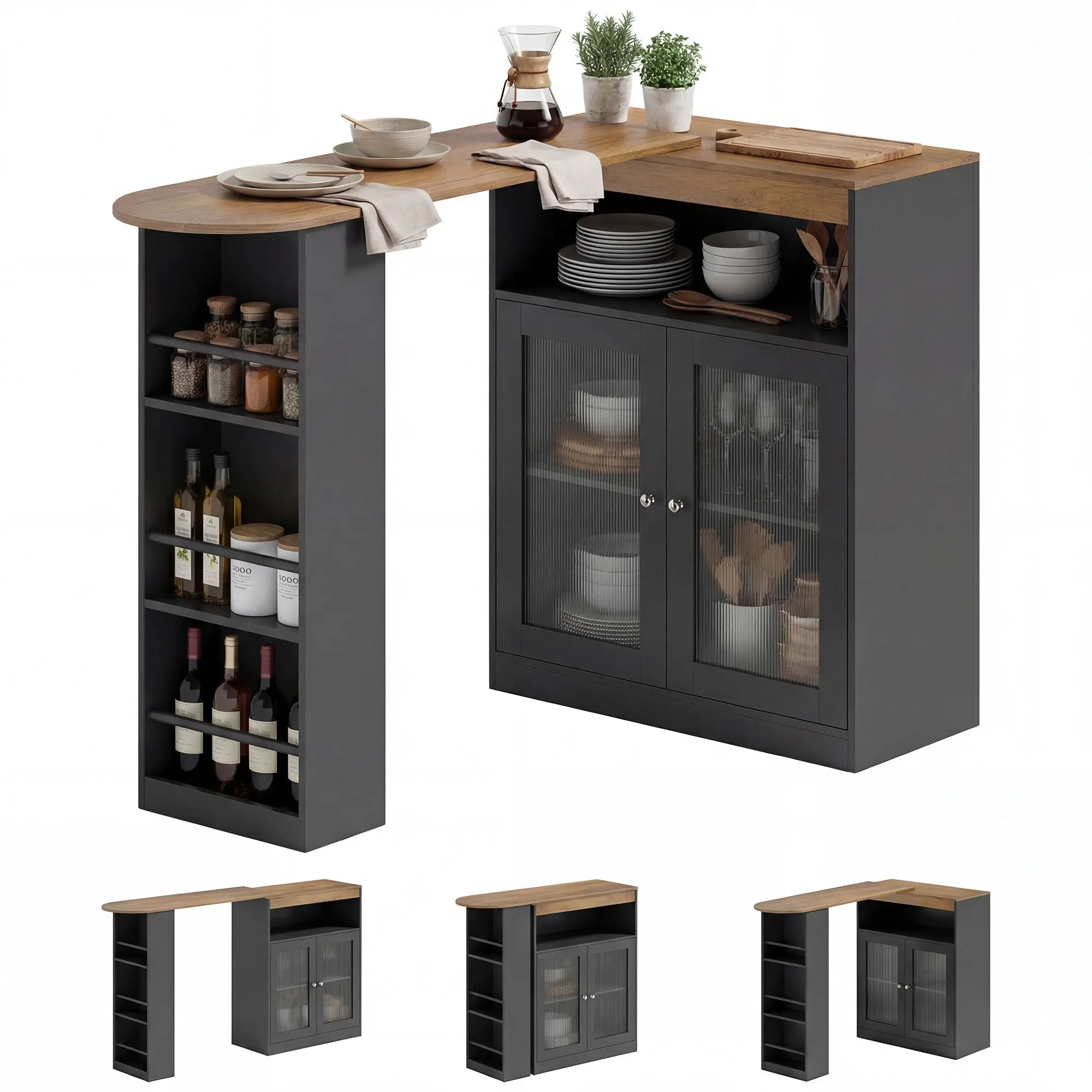 360° Swivel Extendable Bar Table — High Kitchen Table with Open Shelves & 2 Glass Doors, Black/Natural, 150 x 80 x 105.5 cm (59.1 x 31.5 x 41.5 in)