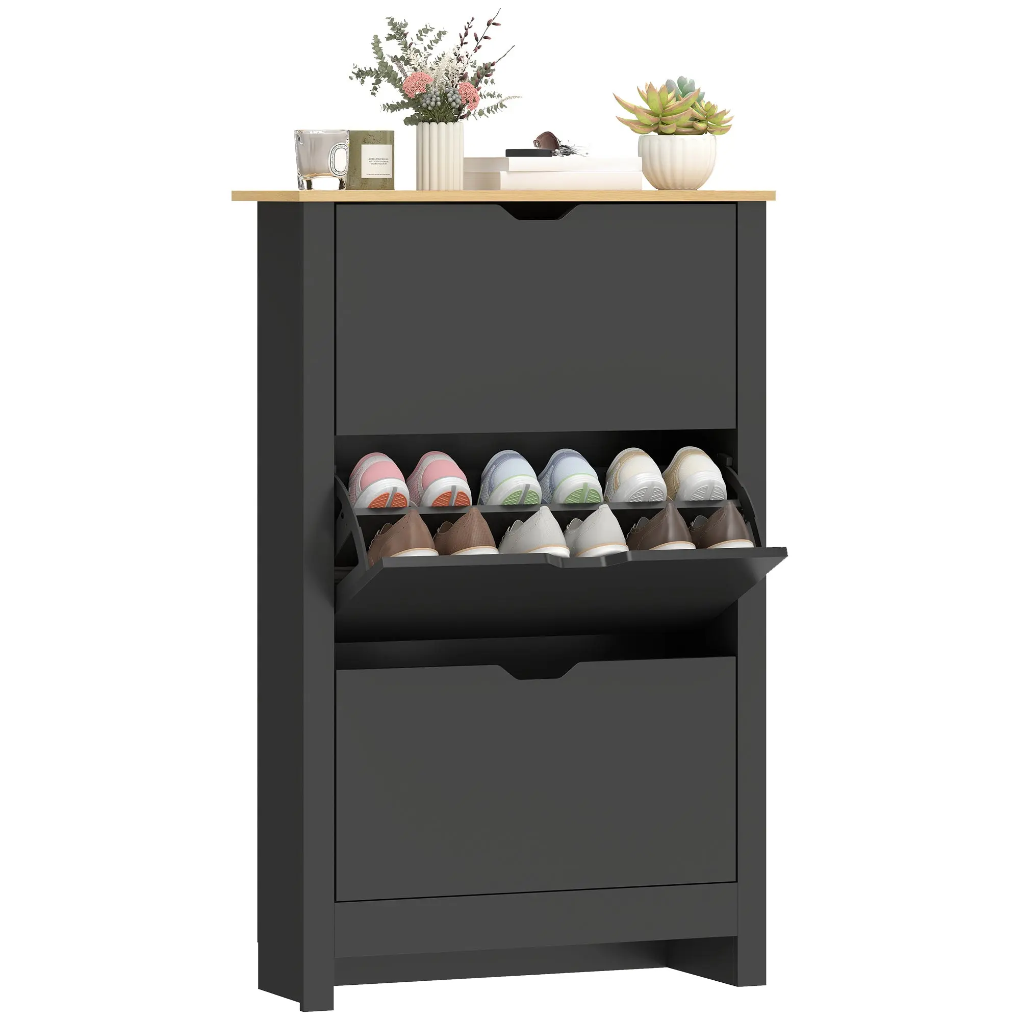 18-Pair Shoe Cabinet — Slim Unit with 3 Tilt-Out Drawers & Adjustable Shelves, Modern Black & Natural Wood, 28.3 x 10.2 x 44.1 in