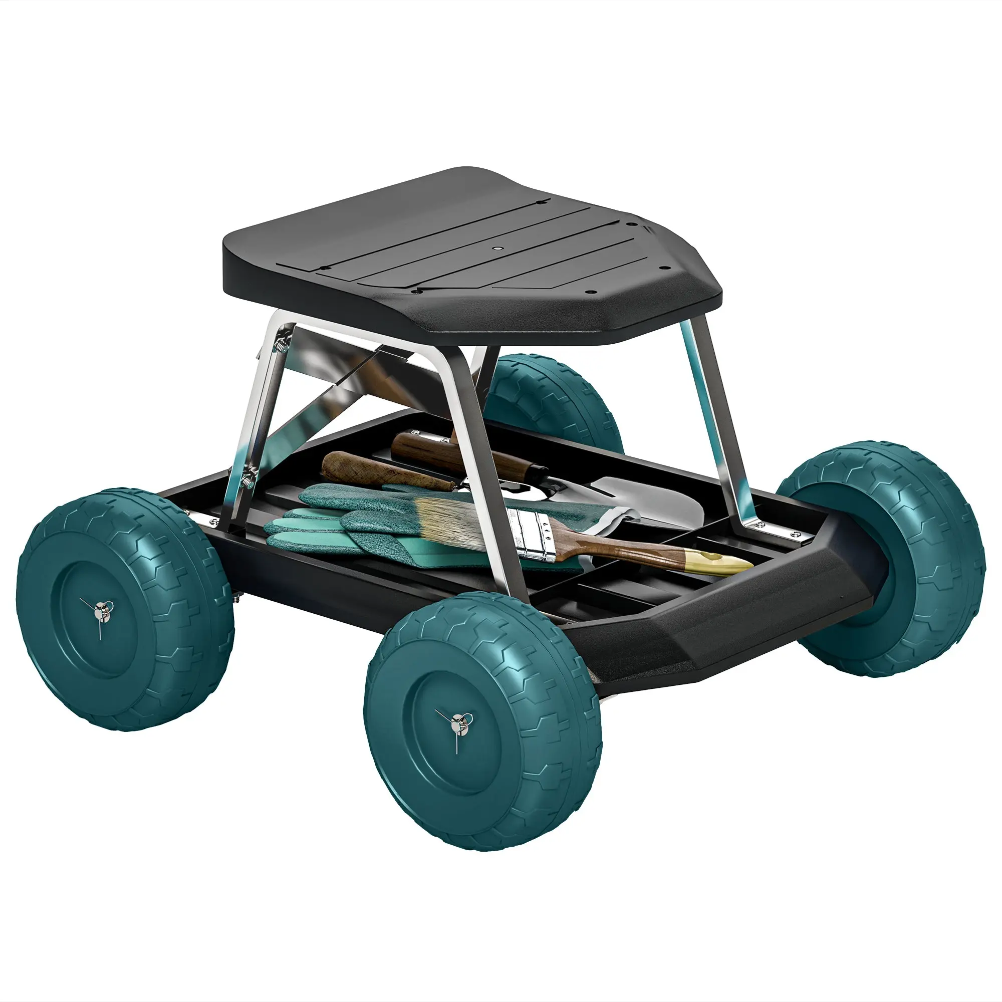Rolling Garden Seat with Tool Tray & Cart — Gardening Stool for Weeding & Planting, 19.7 x 19.3 x 12.6 in (Dark Green)