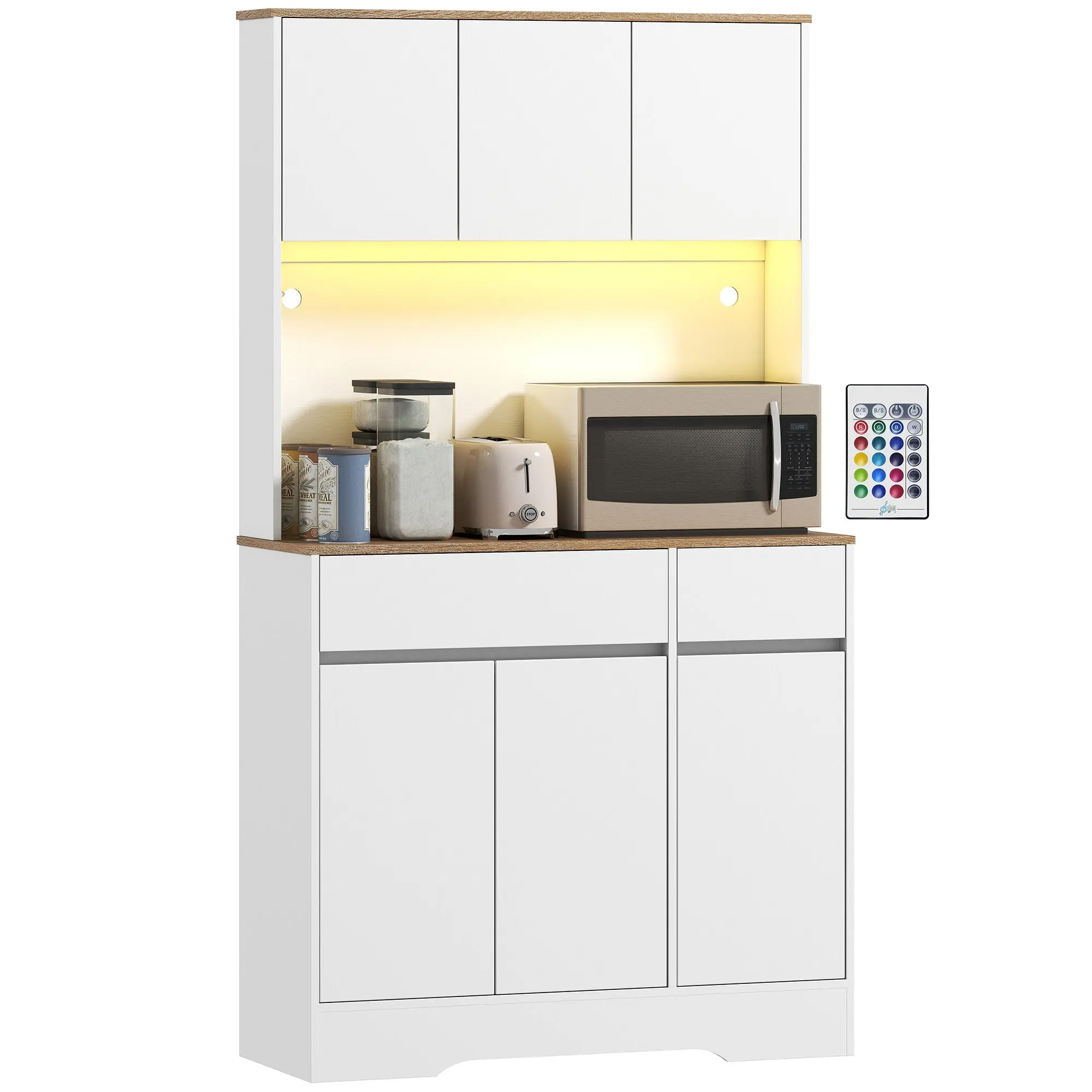 Kitchen Sideboard with RGB LED, Tall Storage Cabinet with Worktop—6 Doors, 2 Drawers, Adjustable Shelves & Remote, 39.4×15.0×70.9 in, White