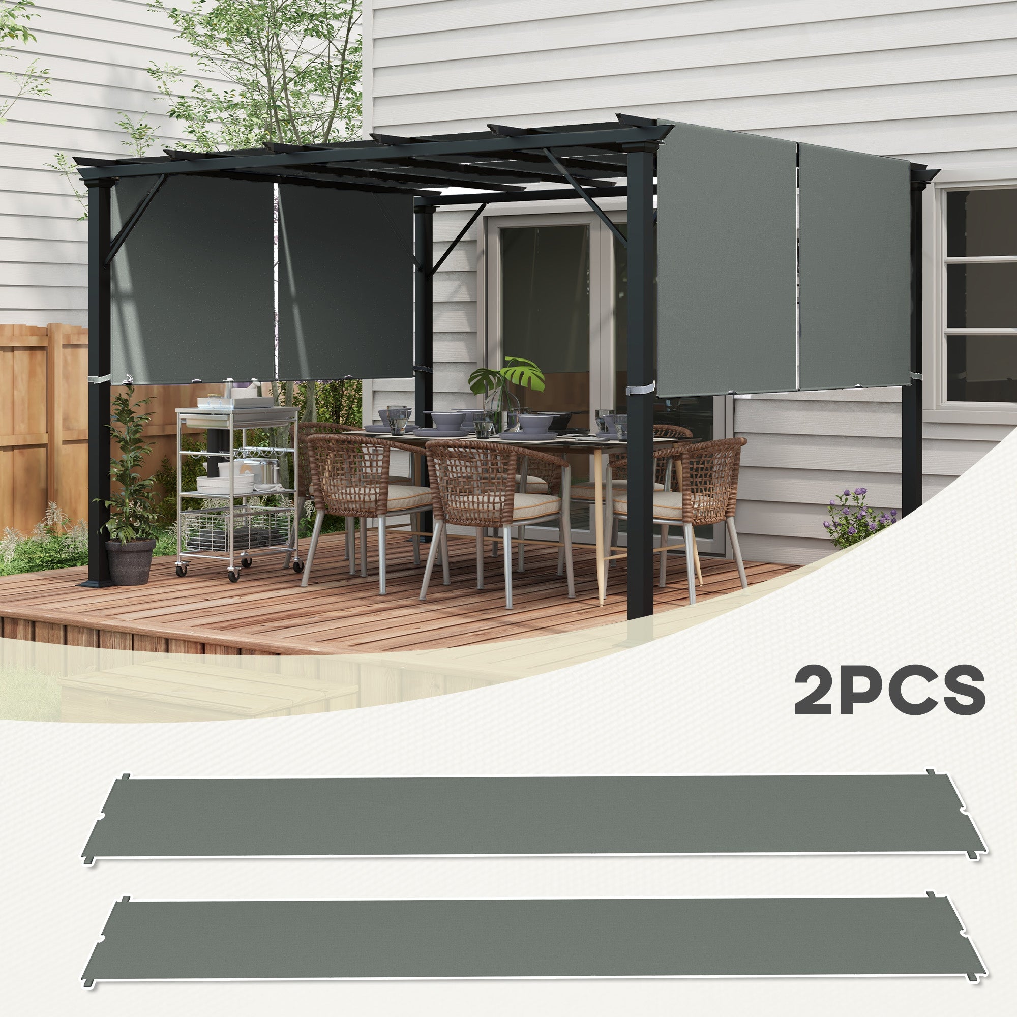 Set of 2 retractable pergola replacement canopies 4.9 x 1.2 m for 3 x 3 m pergola polyester fabric dark gray UV protection