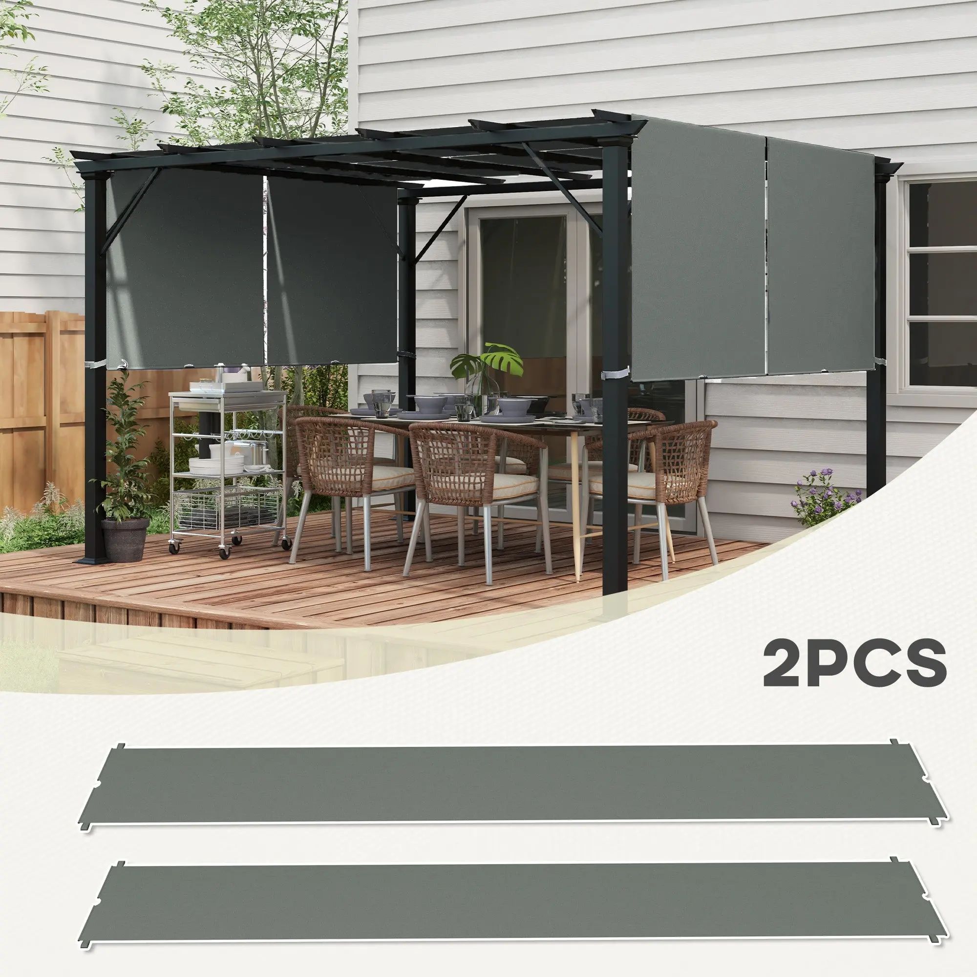Set of 2 retractable pergola replacement canopies 4.9 x 1.2 m for 3 x 3 m pergola polyester fabric dark gray UV protection