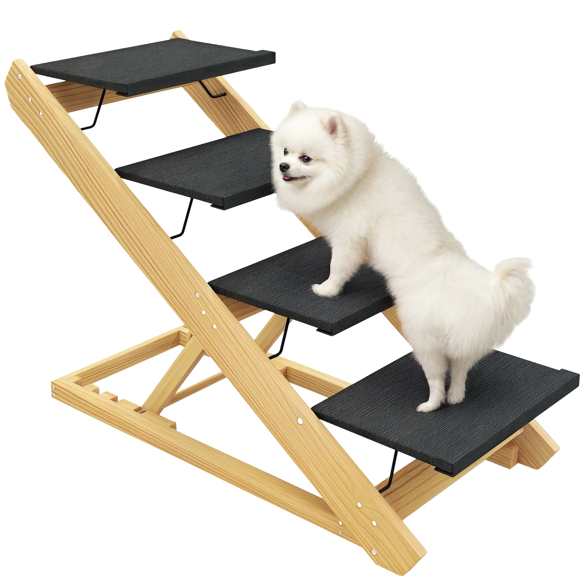 PawHut Escalade 2 en 1 pour Chiens 4 Marches 62,5 cm Hauteur Ajustable Escalier Pliable avec Surface Antidérapante pour Lit, Canapé, Chiens de Grande Taille jusqu'à 40 kg, Chat, Bois Naturel