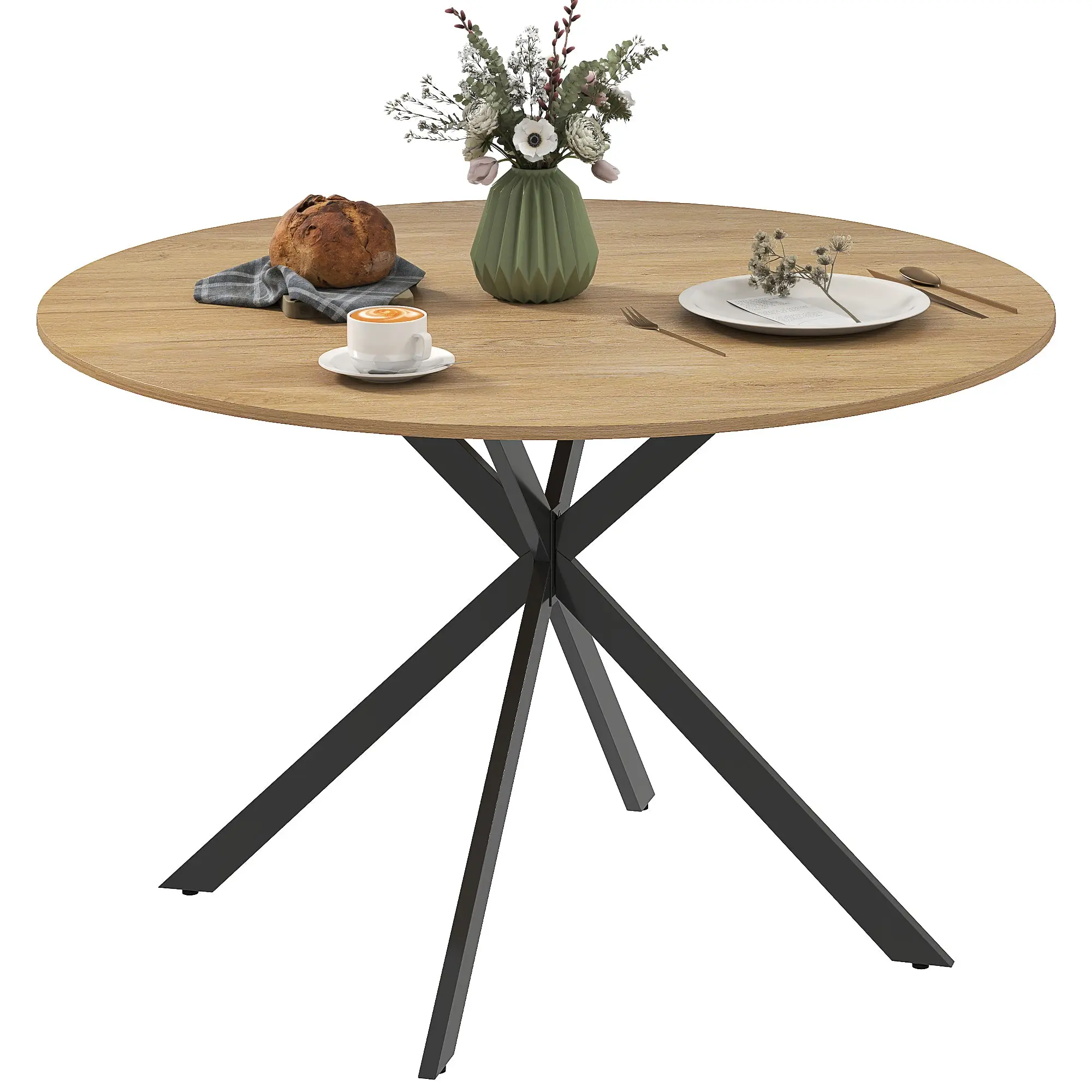 Round Dining Table for 4 Persons, ?120 Kitchen Table in Industrial Style with Steel Legs, for Dining Room, Kitchen, Home Office, Oak