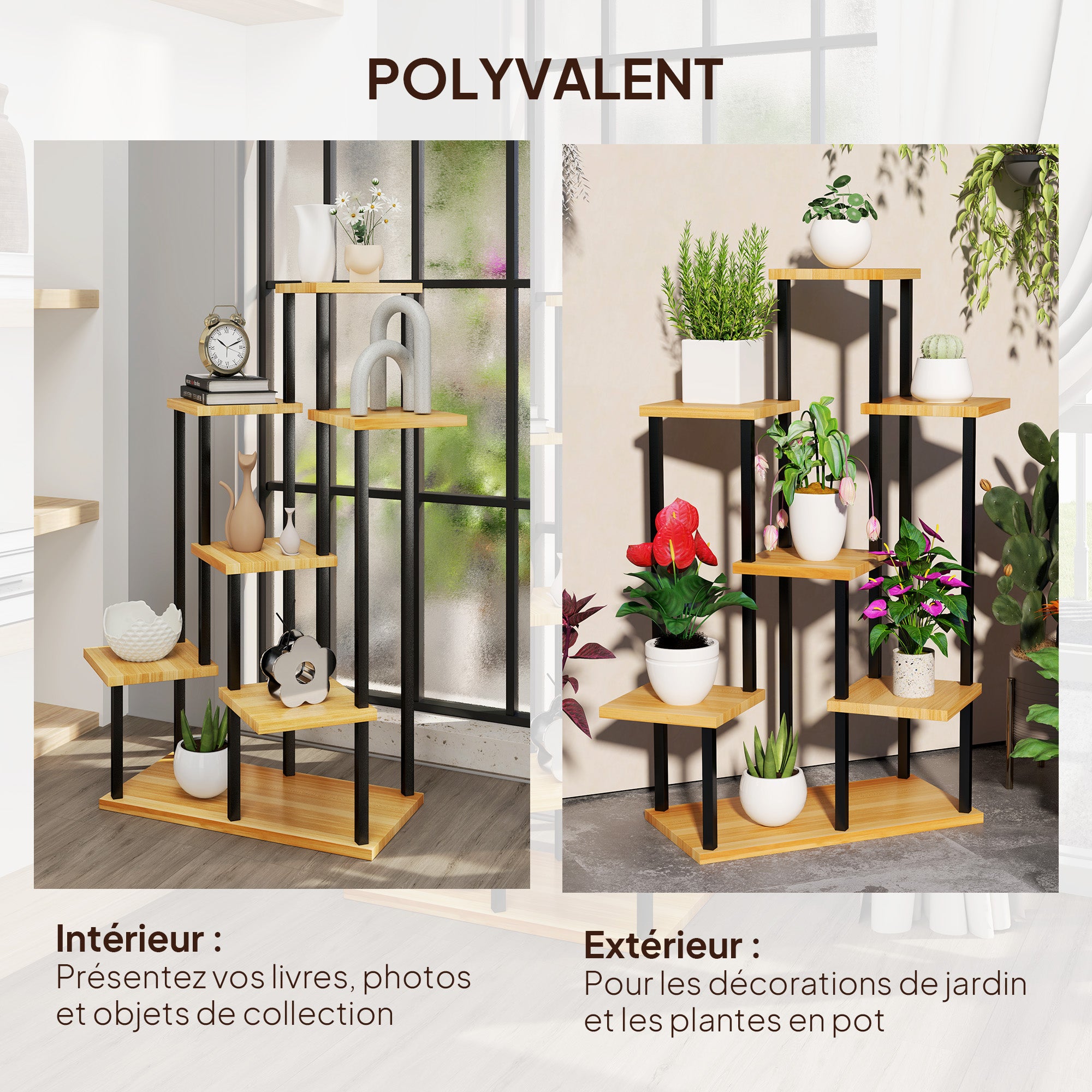 Outsunny 7-Lags Plante Stativ til Indendørs og Udendørs, Stål og Træ Plantehylde, Planteholder til Have, Terrasse, Balkon, Stue, Naturligt Træ